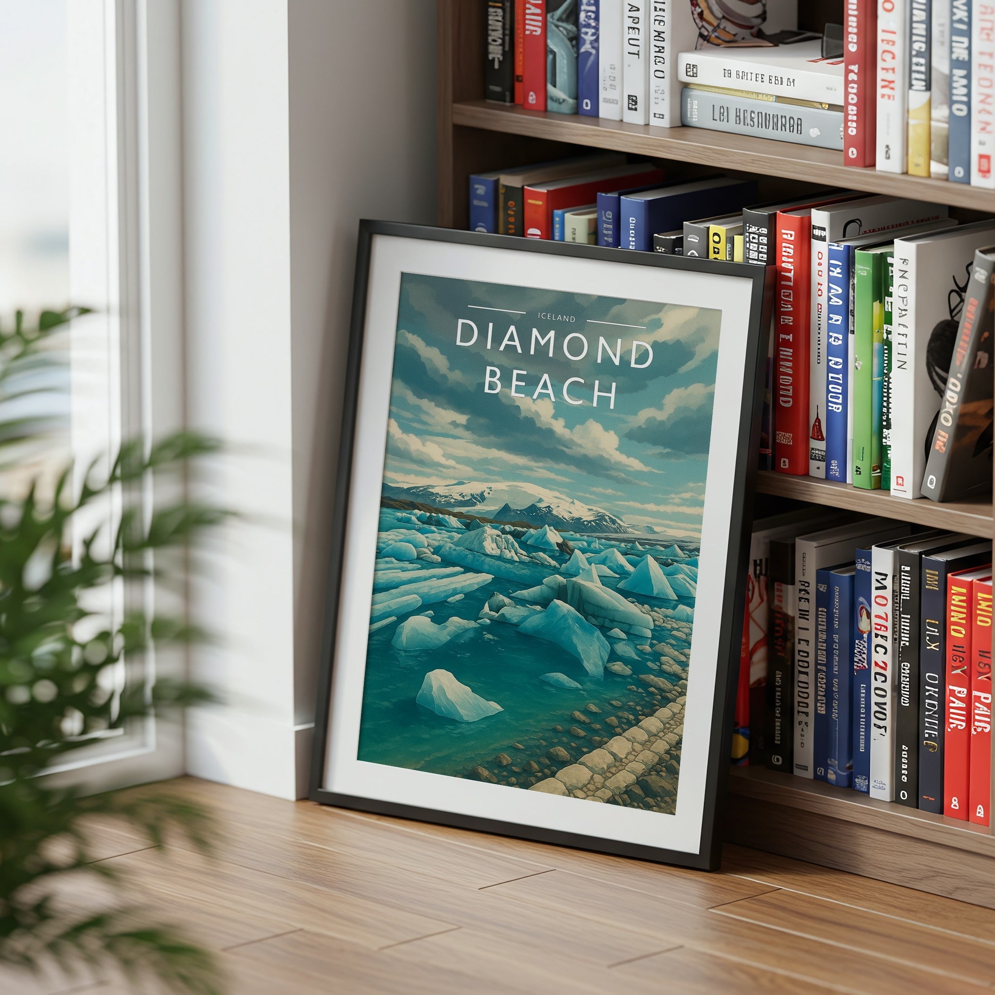 Diamond Beach Travel Poster mounted in a black frame