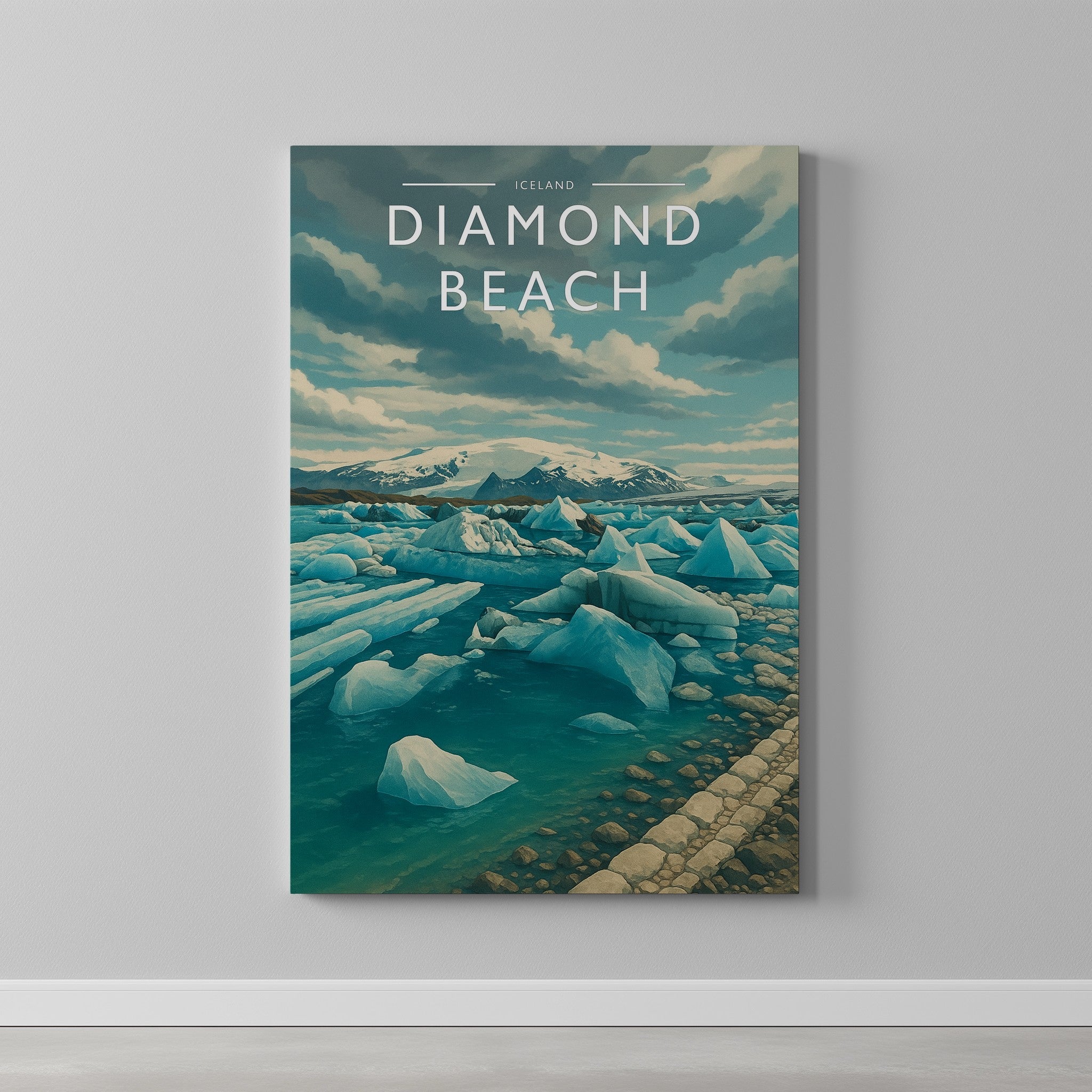 Diamond Beach Travel Poster as a gallery-wrapped canvas on a plain wall