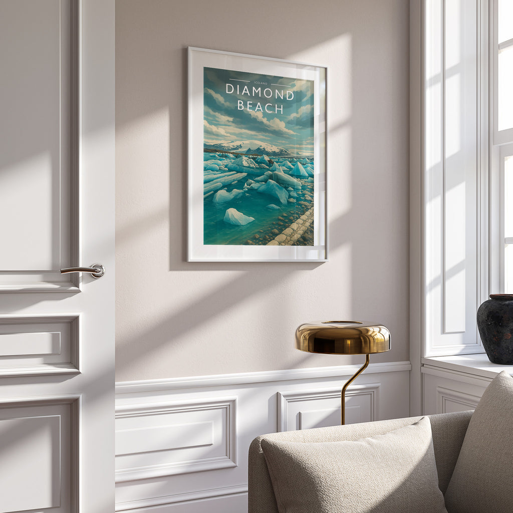 Diamond Beach Travel Poster in a white frame on a panelled wall