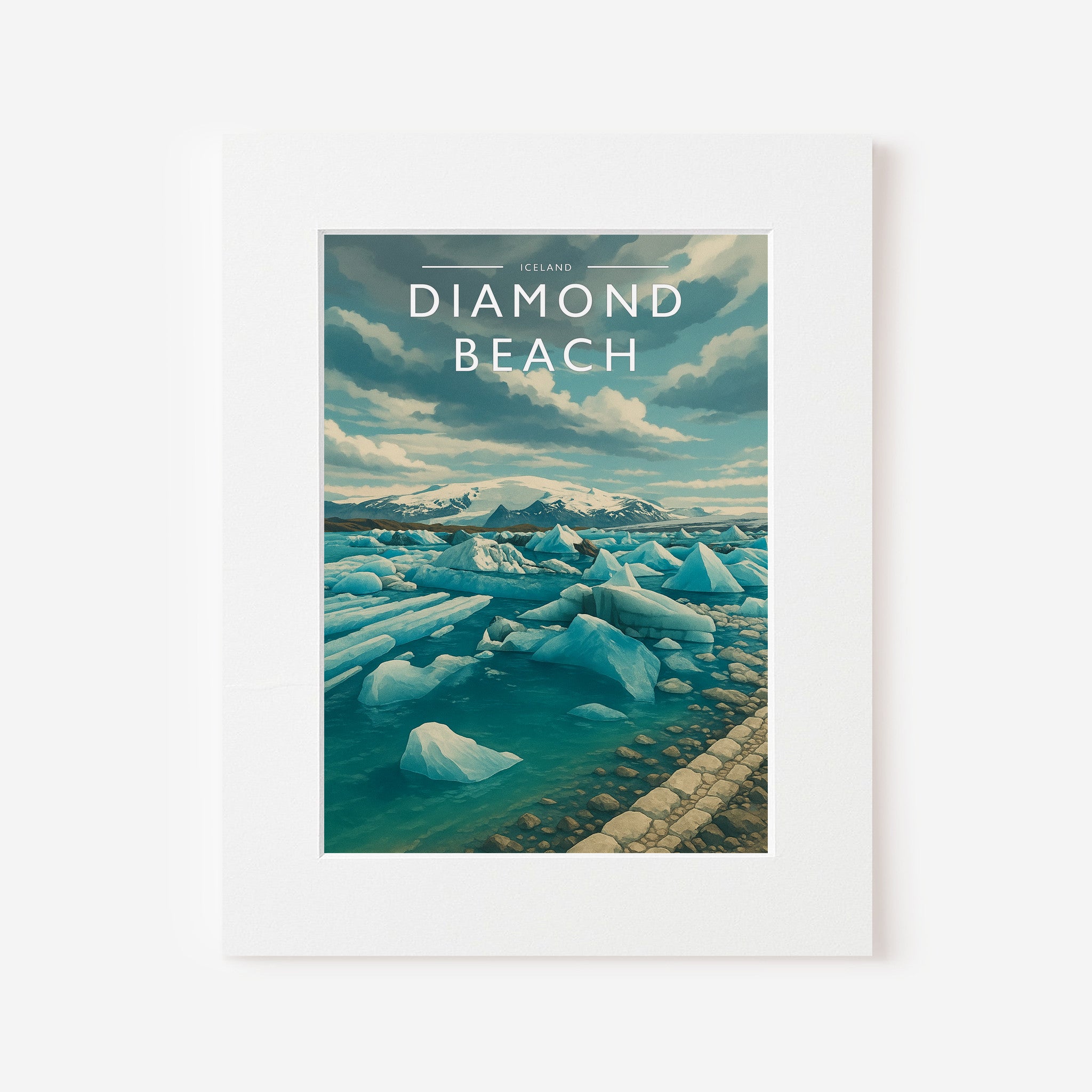 Diamond Beach Travel Poster in a white mount