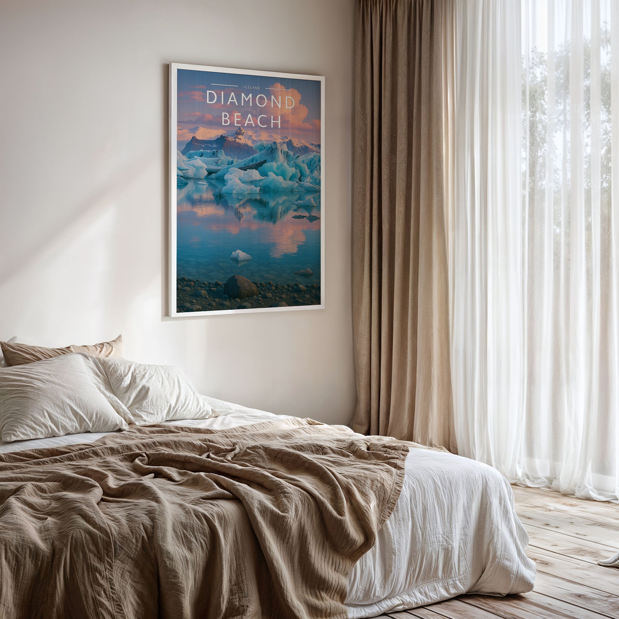 Diamond Beach #2 Travel Poster framed on a bedroom wall