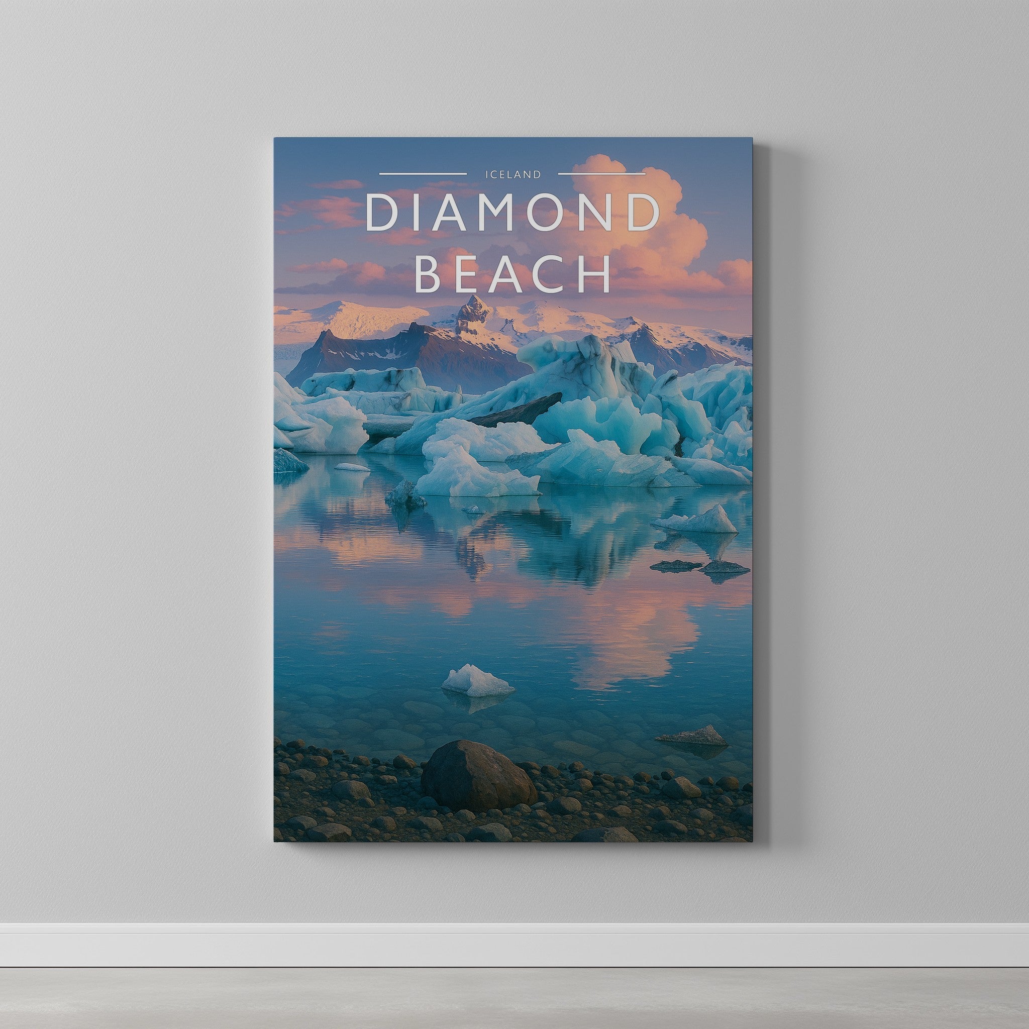 Diamond Beach #2 Travel Poster as a gallery-wrapped canvas on a plain wall