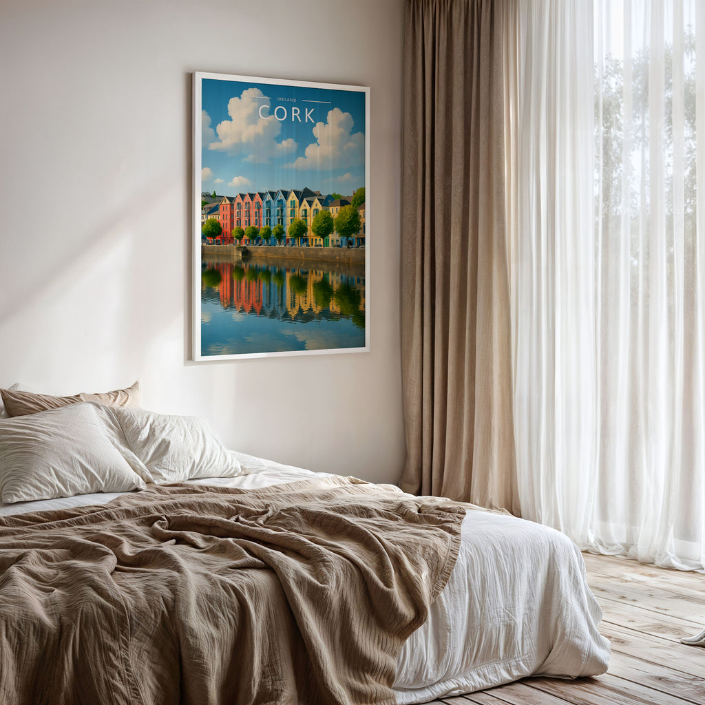 Cork Travel Poster framed on a bedroom wall