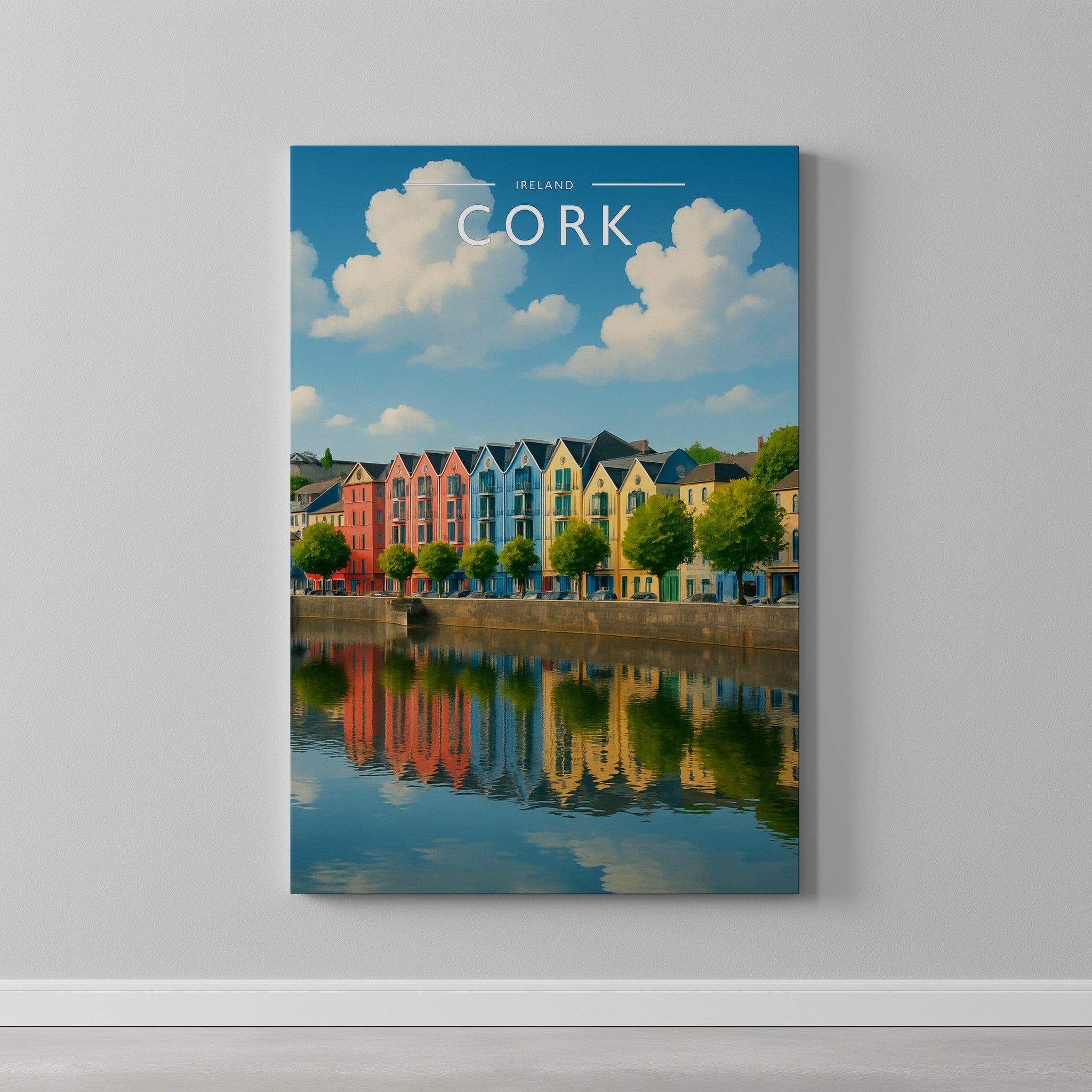 Cork Travel Poster as a gallery-wrapped canvas on a plain wall