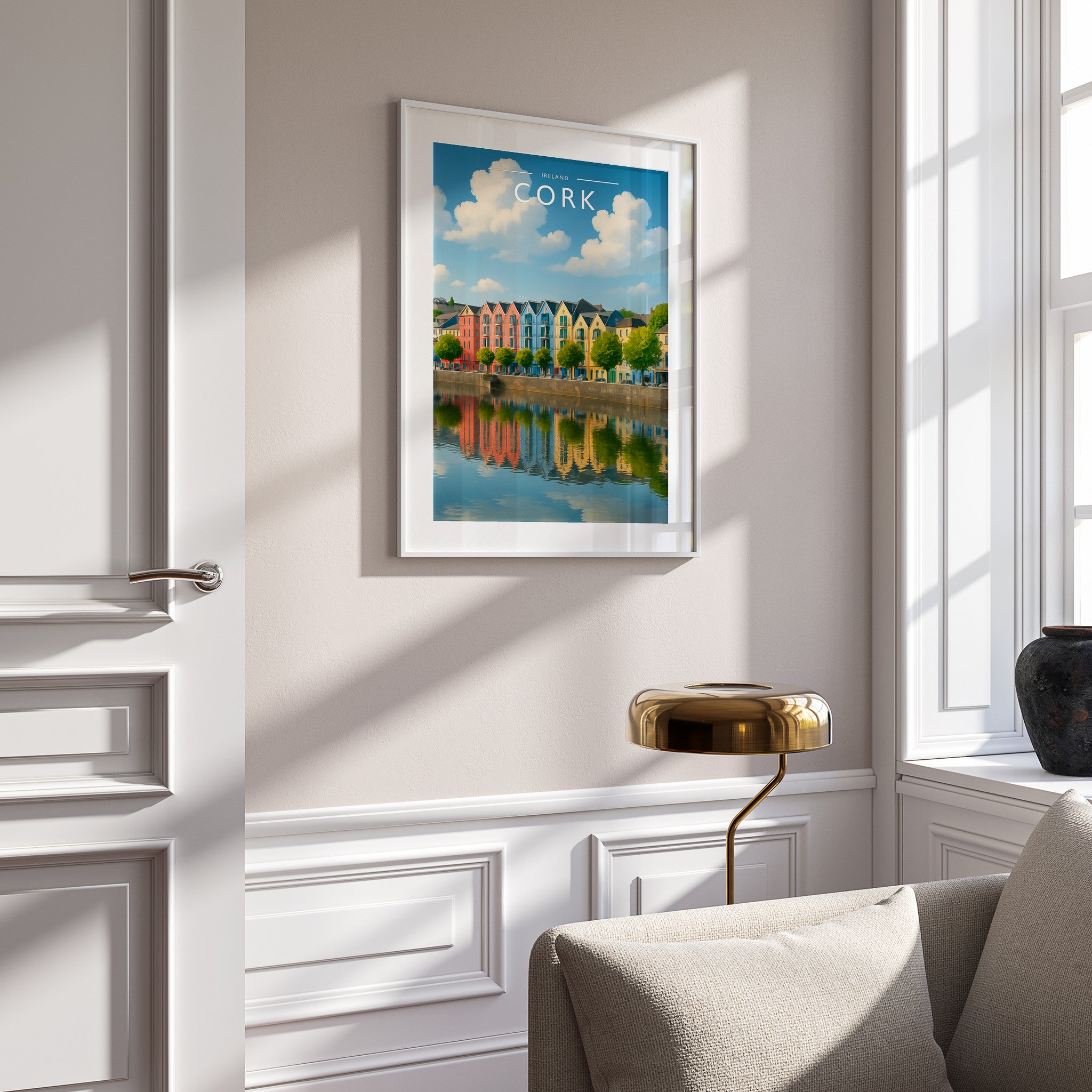 Cork Travel Poster in a white frame on a panelled wall
