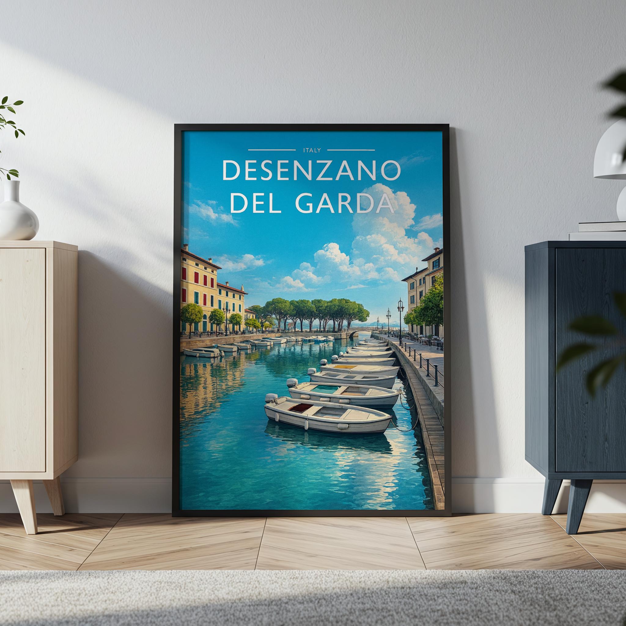 Desenzano del Garda Travel Poster in a black frame