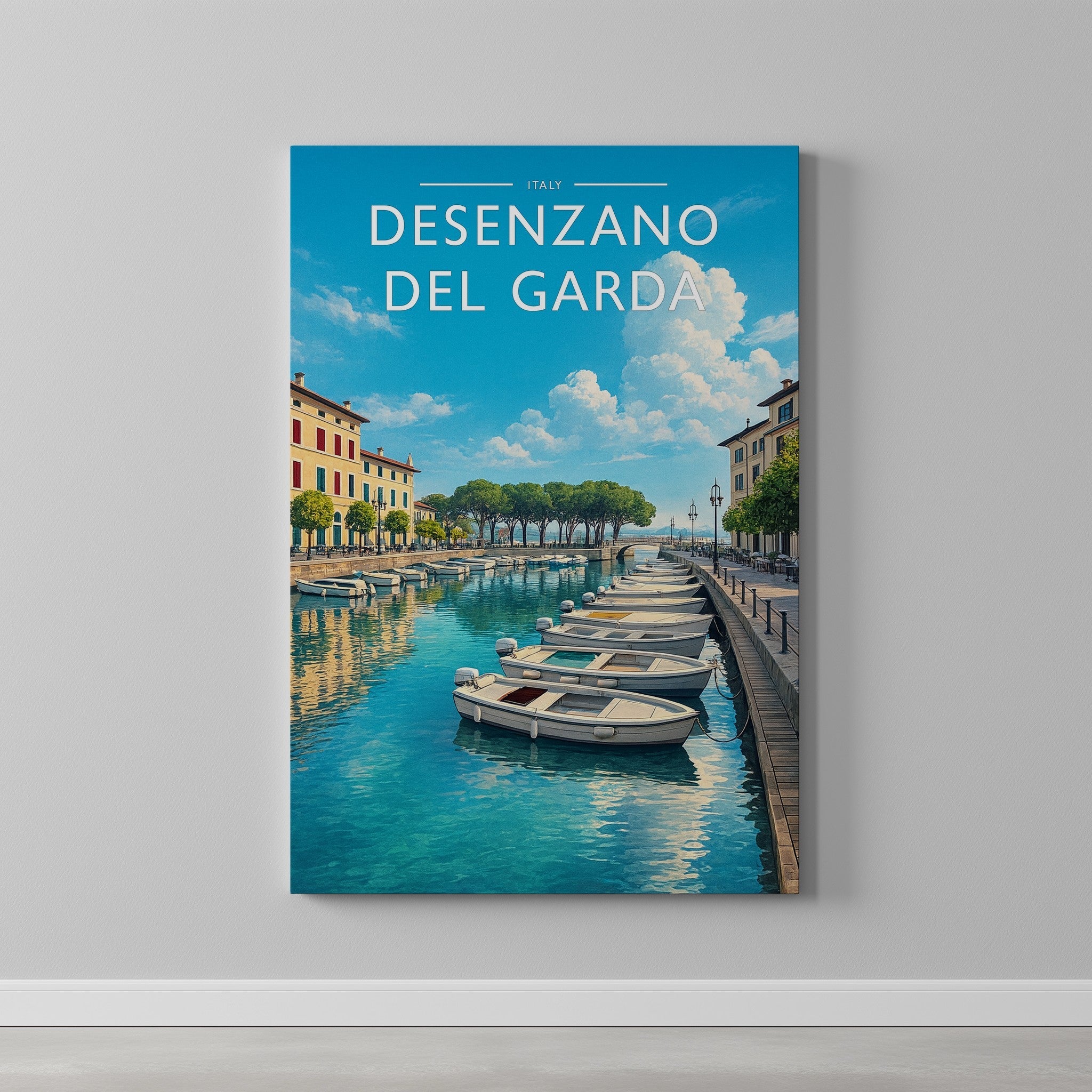 Desenzano del Garda Travel Poster as a gallery-wrapped canvas on a plain wall