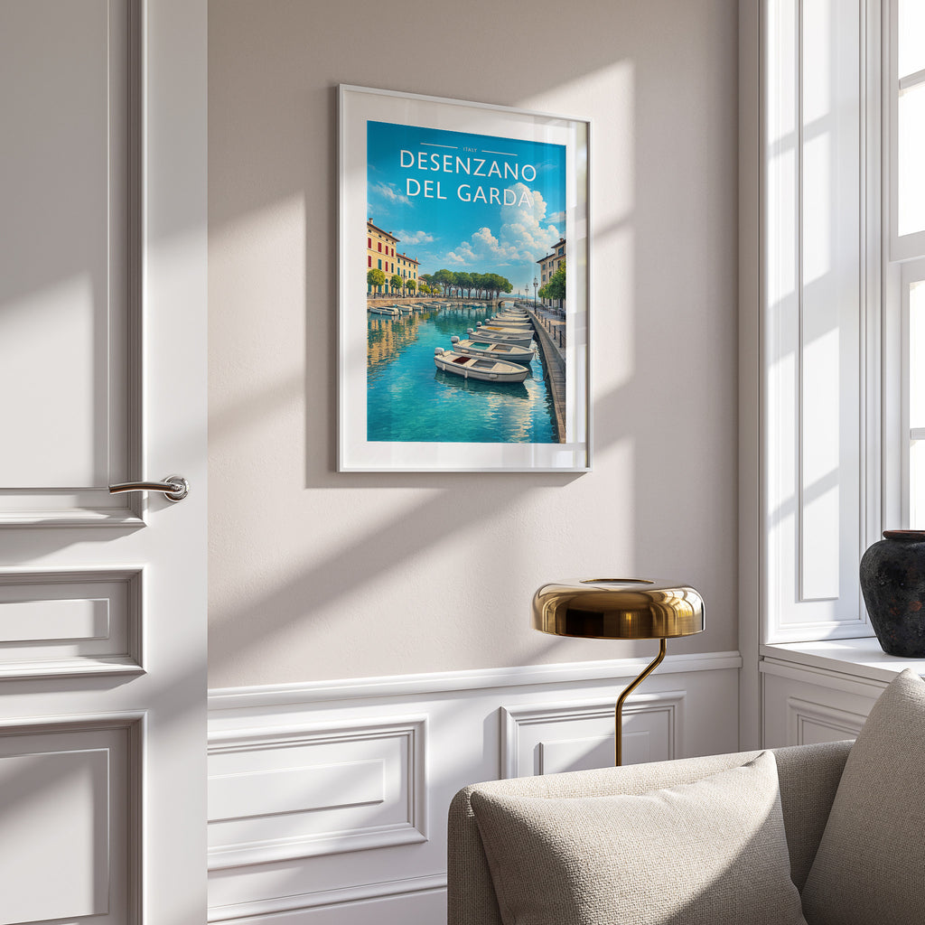 Desenzano del Garda Travel Poster in a white frame on a panelled wall