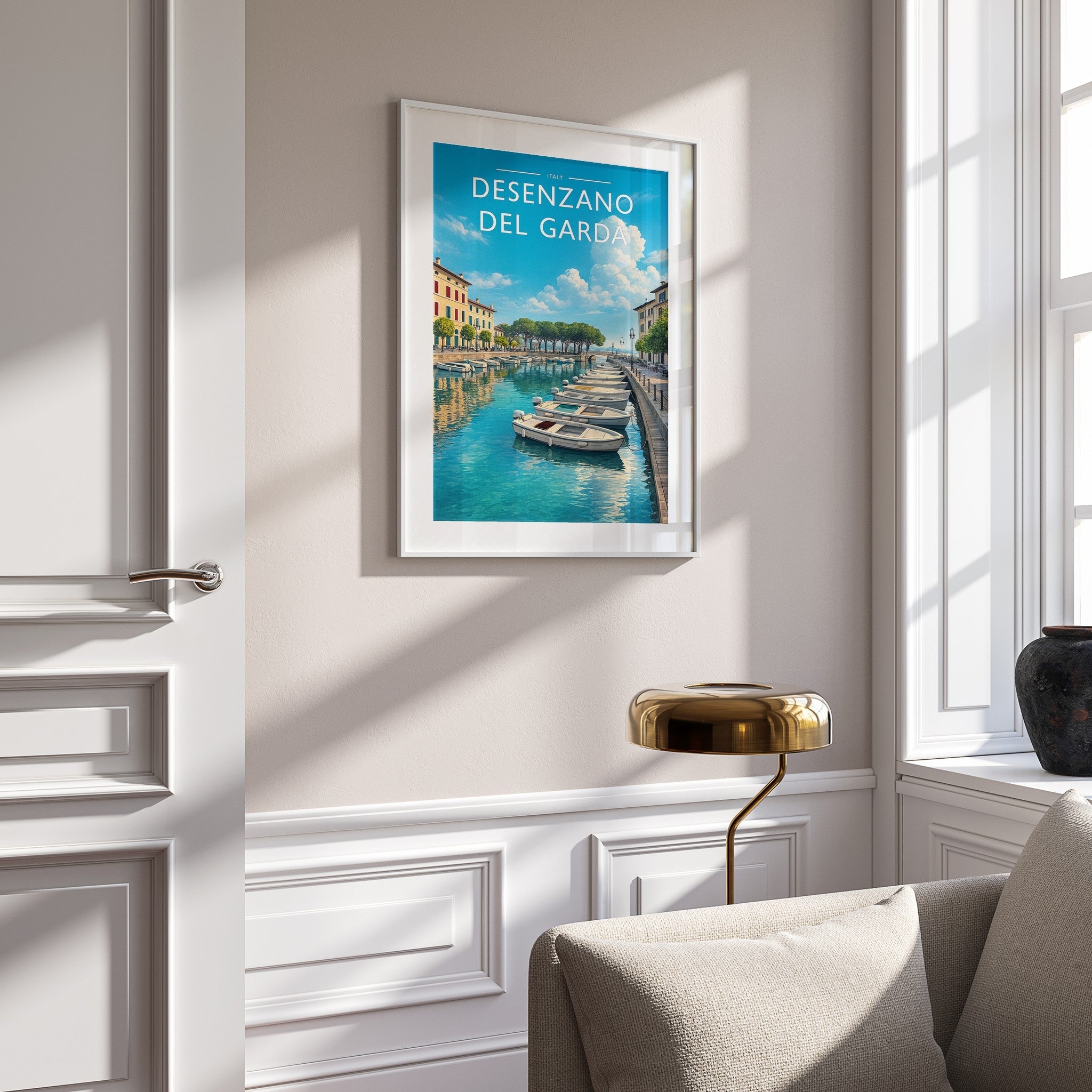 Desenzano del Garda Travel Poster mounted in a white frame