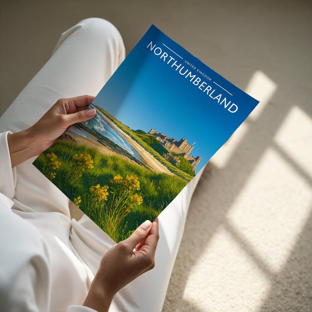 Northumberland Travel Poster - A4 print held in hand
