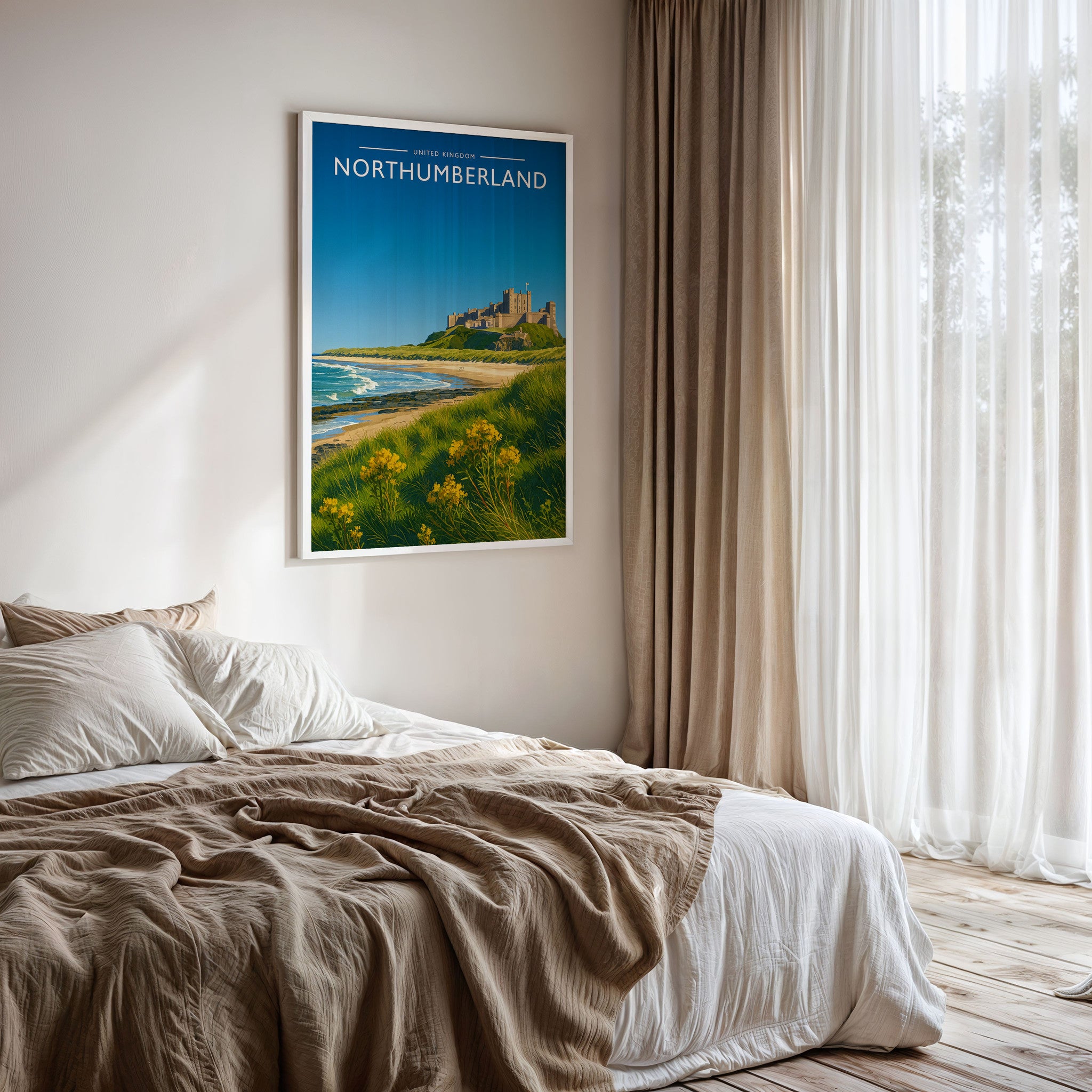 Northumberland Travel Poster framed on a bedroom wall
