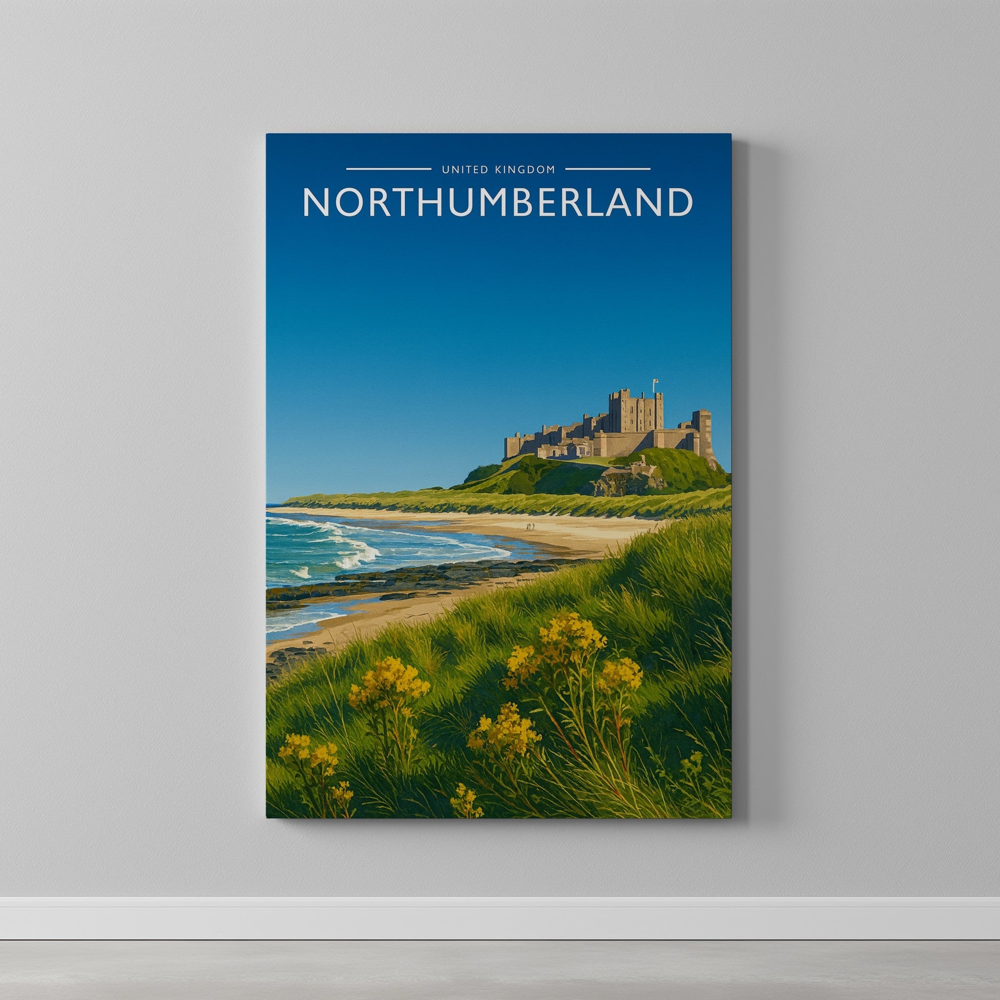 Northumberland Travel Poster as a gallery-wrapped canvas on a plain wall