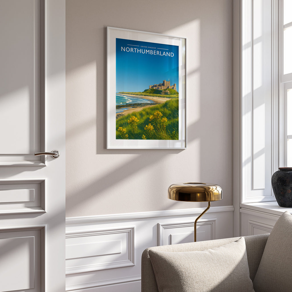 Northumberland Travel Poster in a white frame on a panelled wall