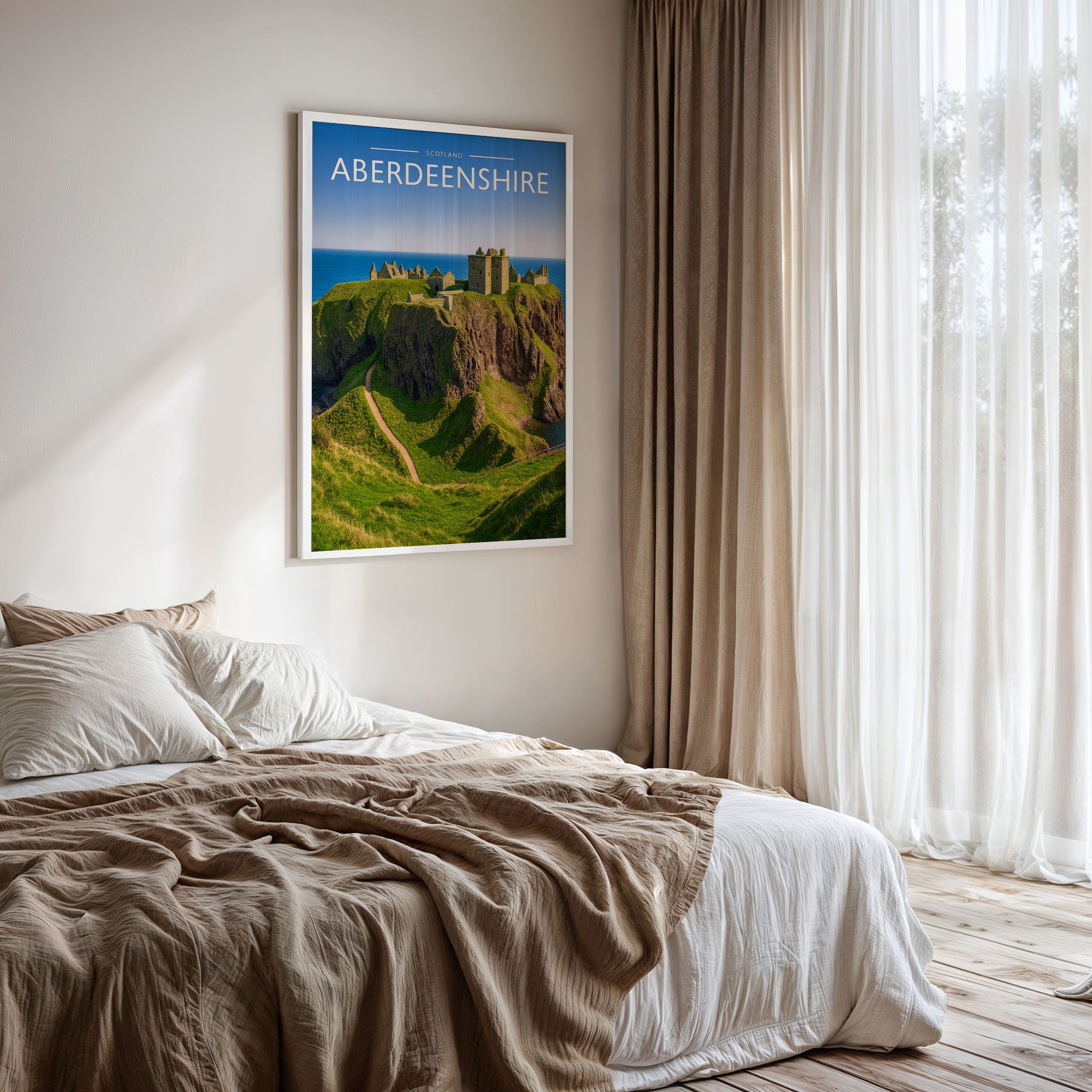 Aberdeenshire Travel Poster framed on a bedroom wall