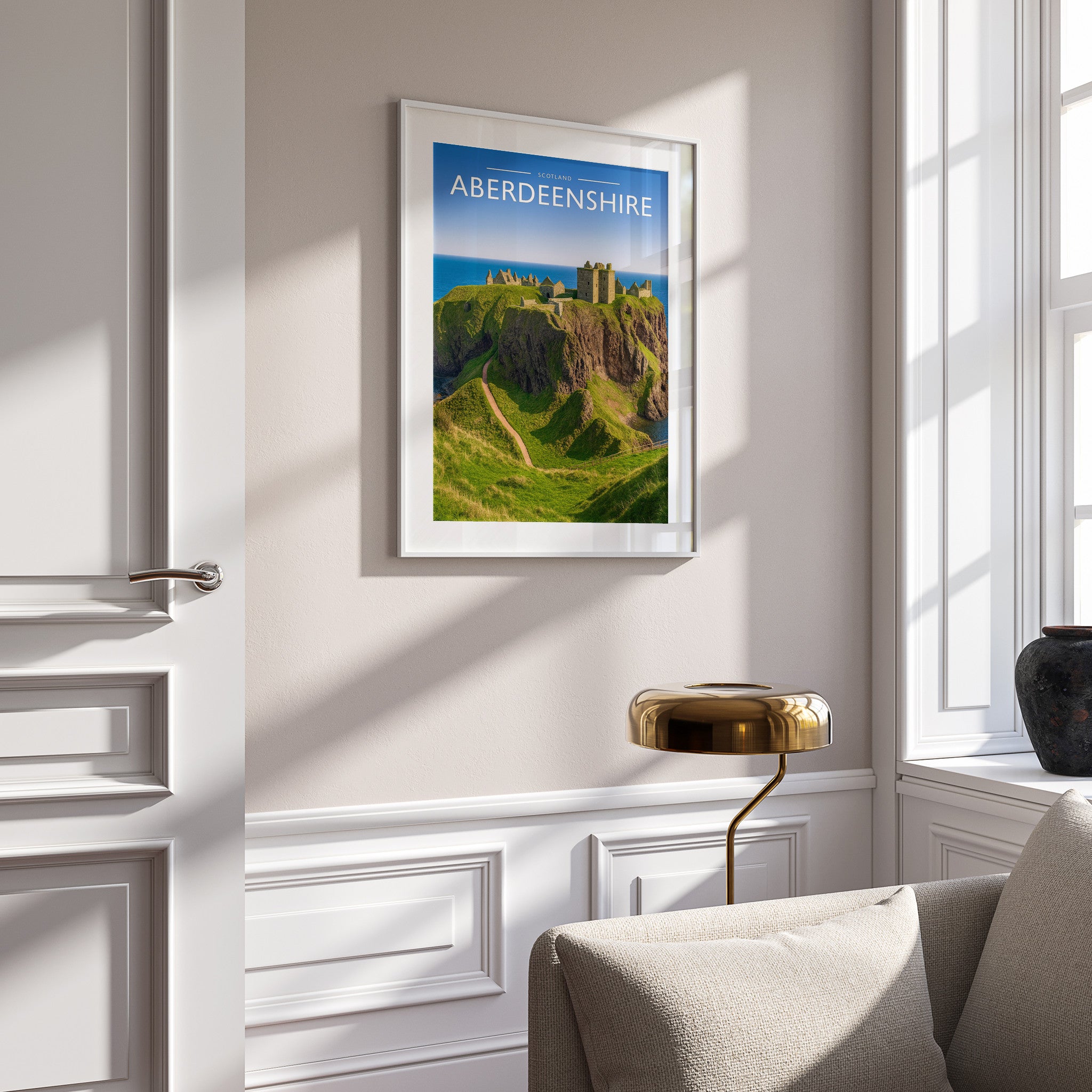 Aberdeenshire Travel Poster in a white frame on a panelled wall