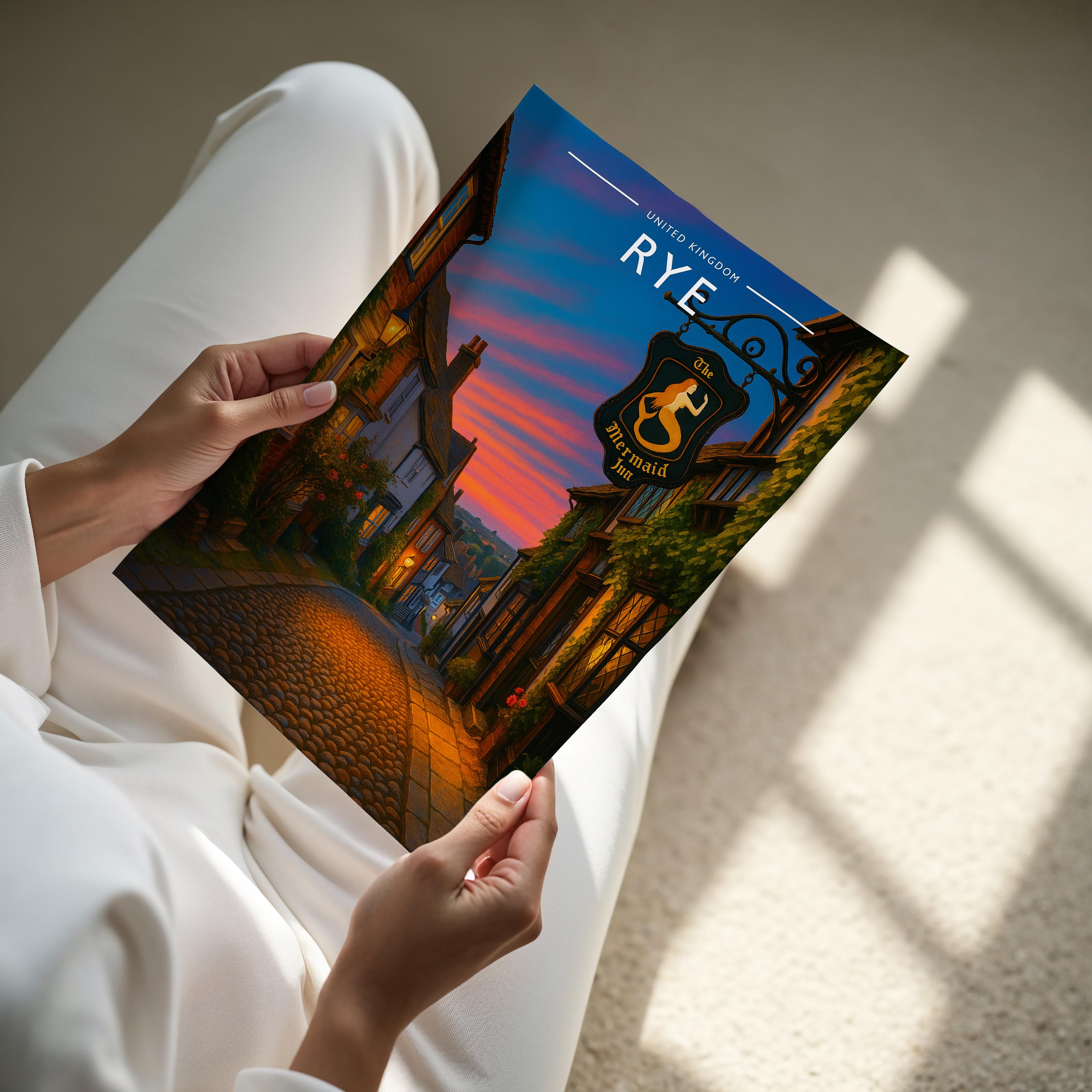 Rye Travel Poster - A4 print held in hand
