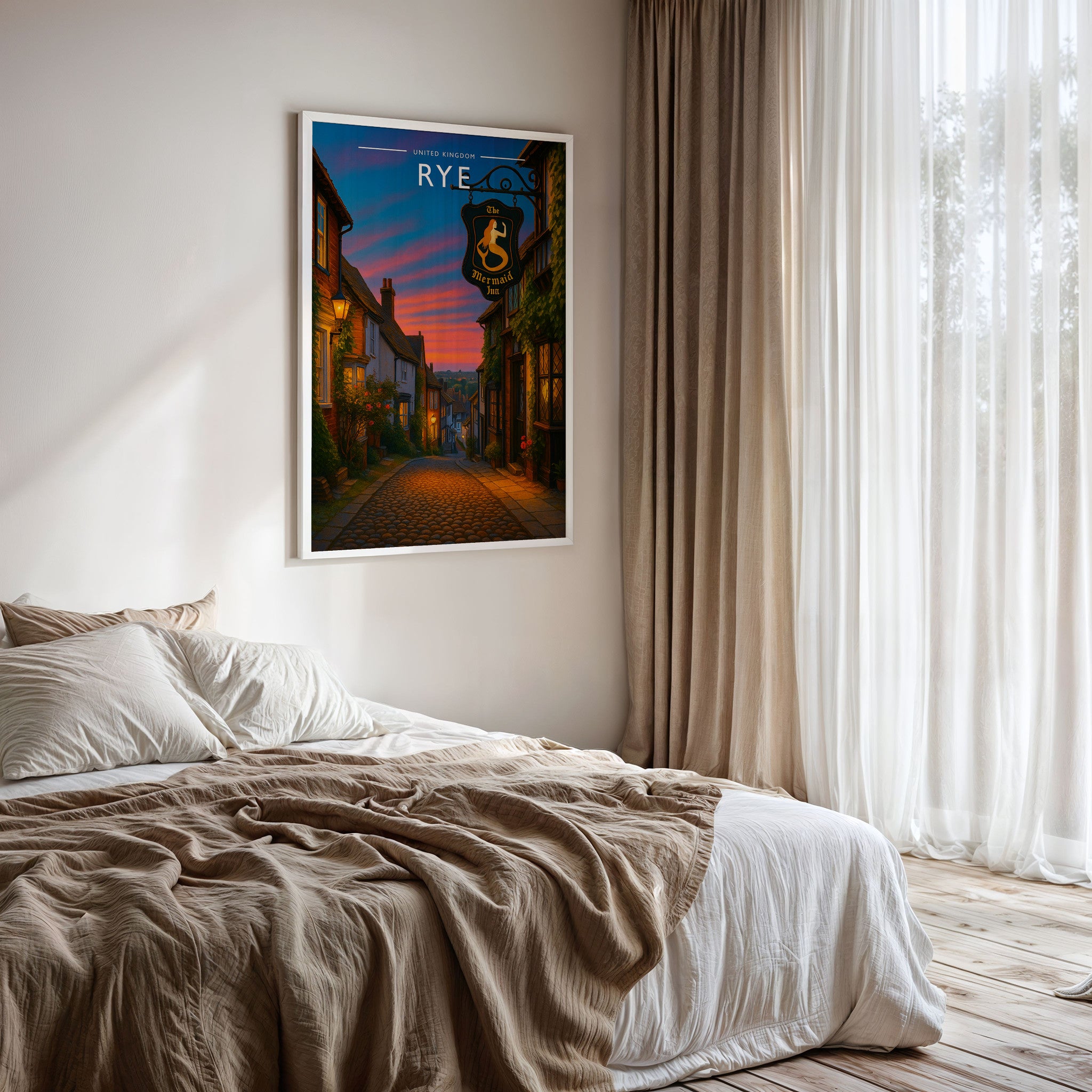 Rye Travel Poster framed on a bedroom wall