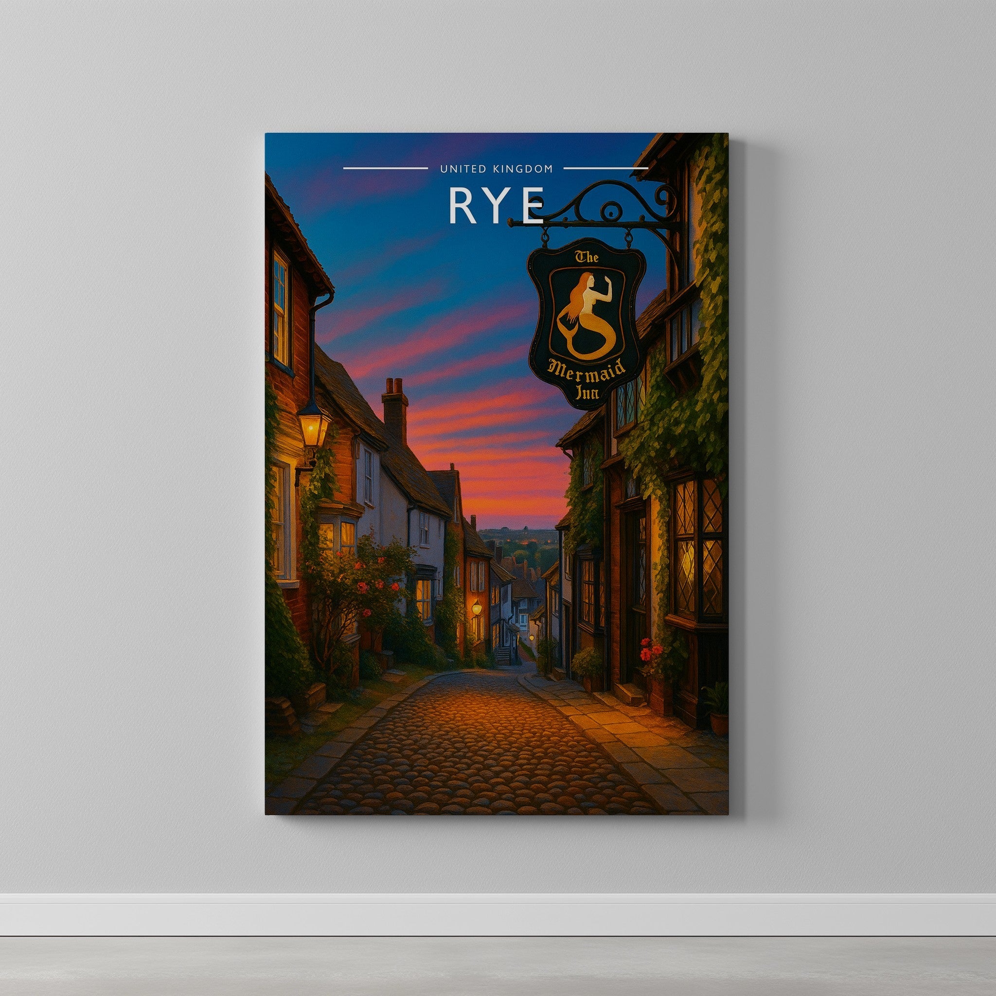 Rye Travel Poster as a gallery-wrapped canvas on a plain wall
