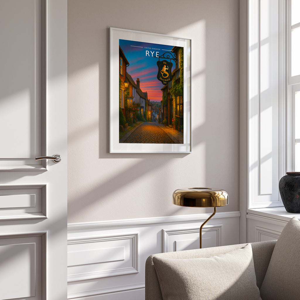 Rye Travel Poster in a white frame on a panelled wall