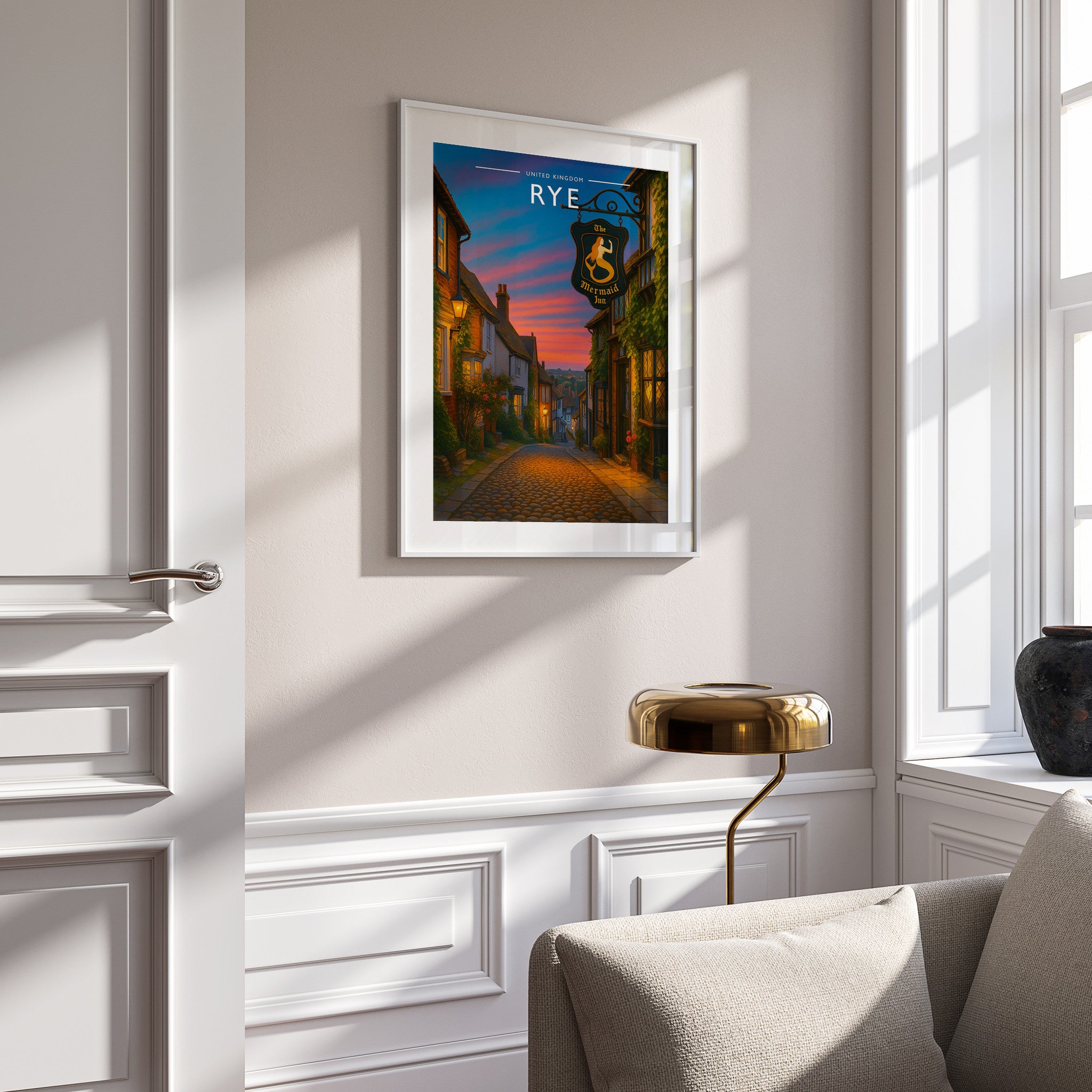 Rye Travel Poster in a white frame on a panelled wall