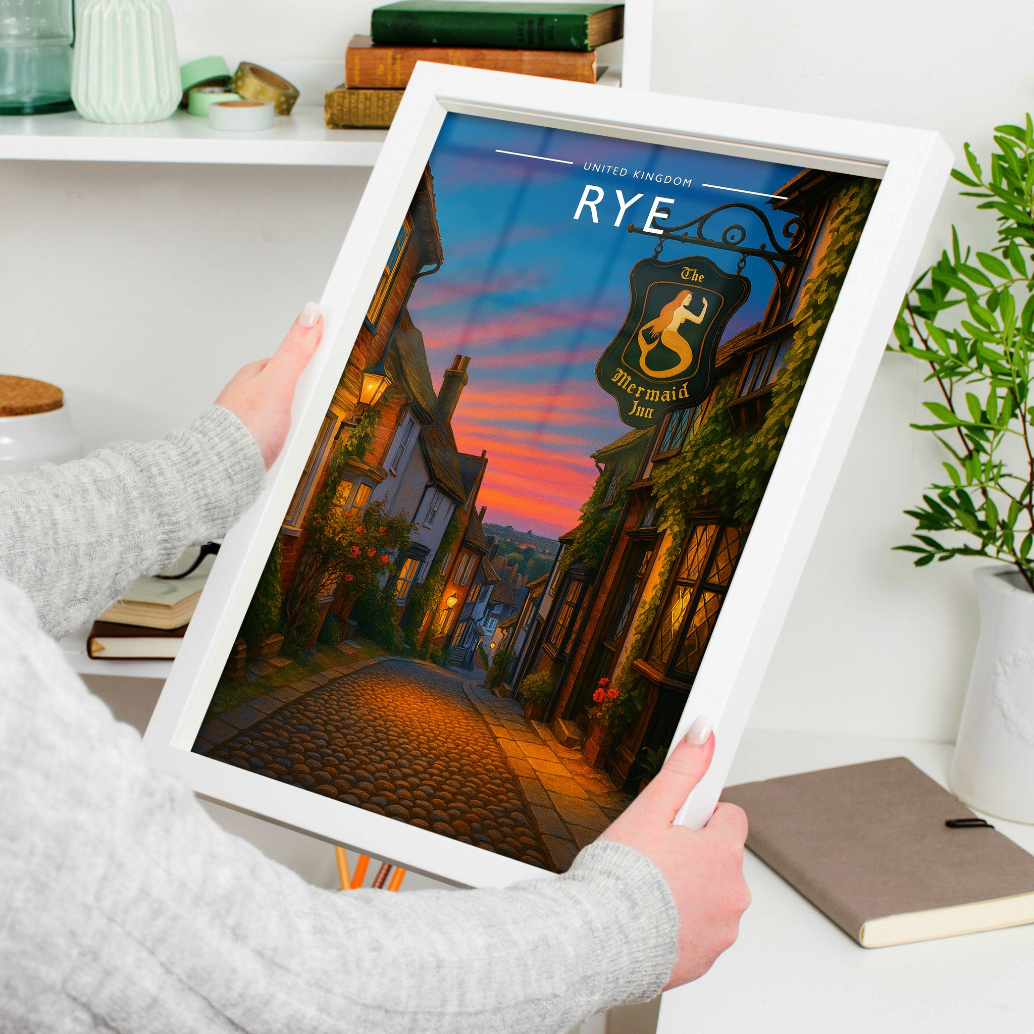 Rye Travel Poster in a white frame, held to show scale
