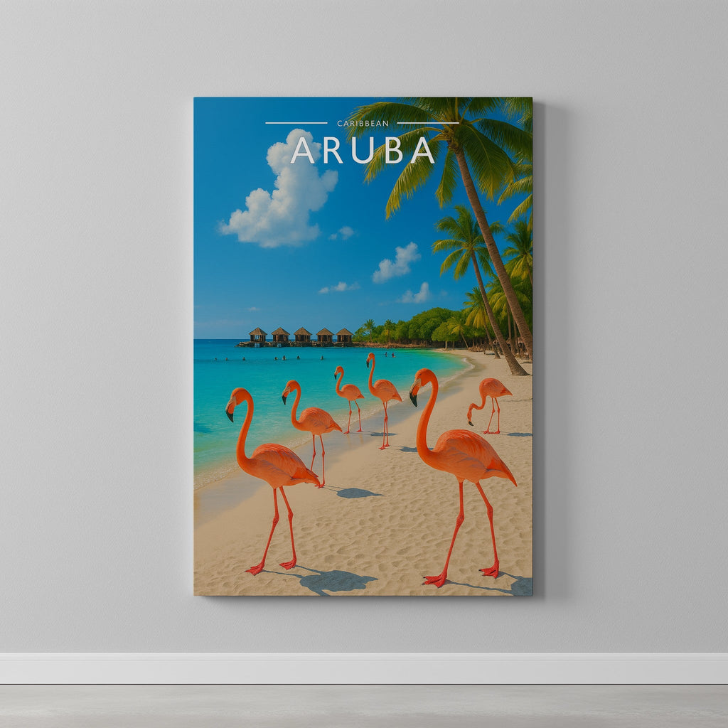 Aruba Travel Poster as a gallery-wrapped canvas on a plain wall