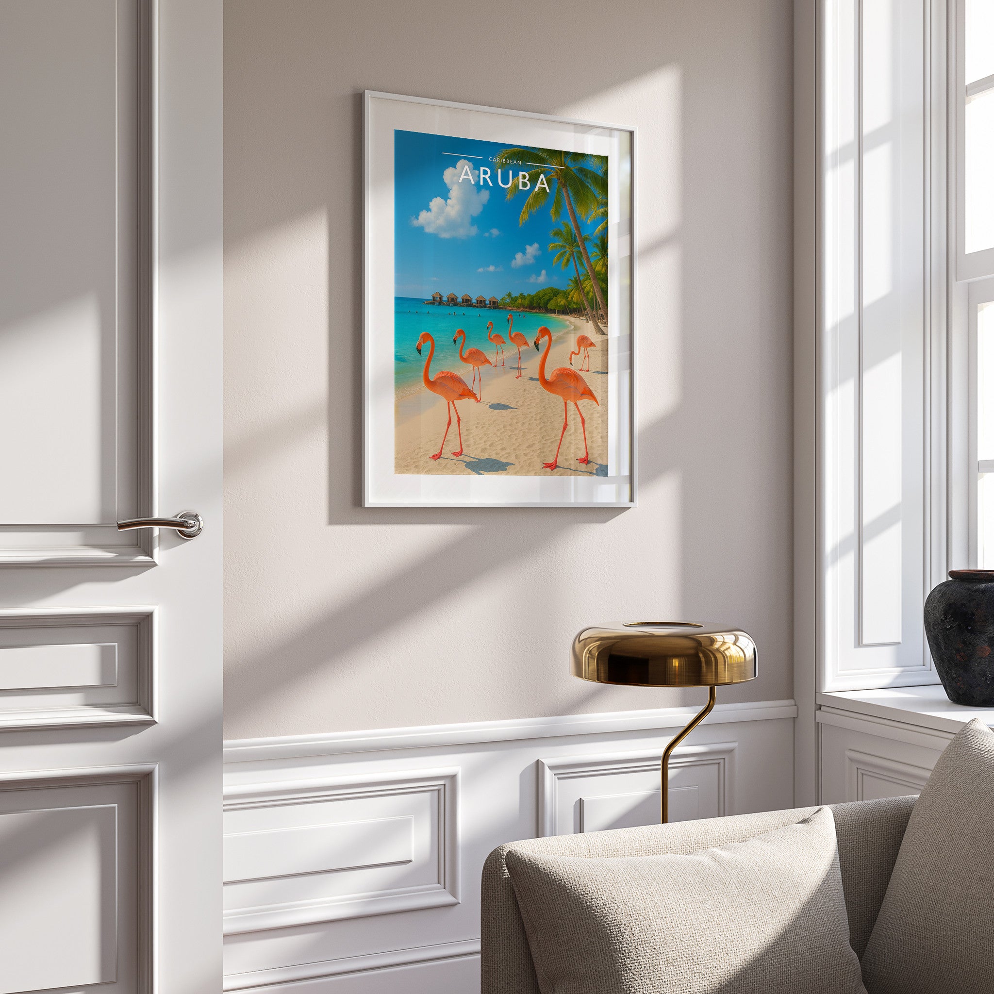 Aruba Travel Poster in a white frame on a panelled wall