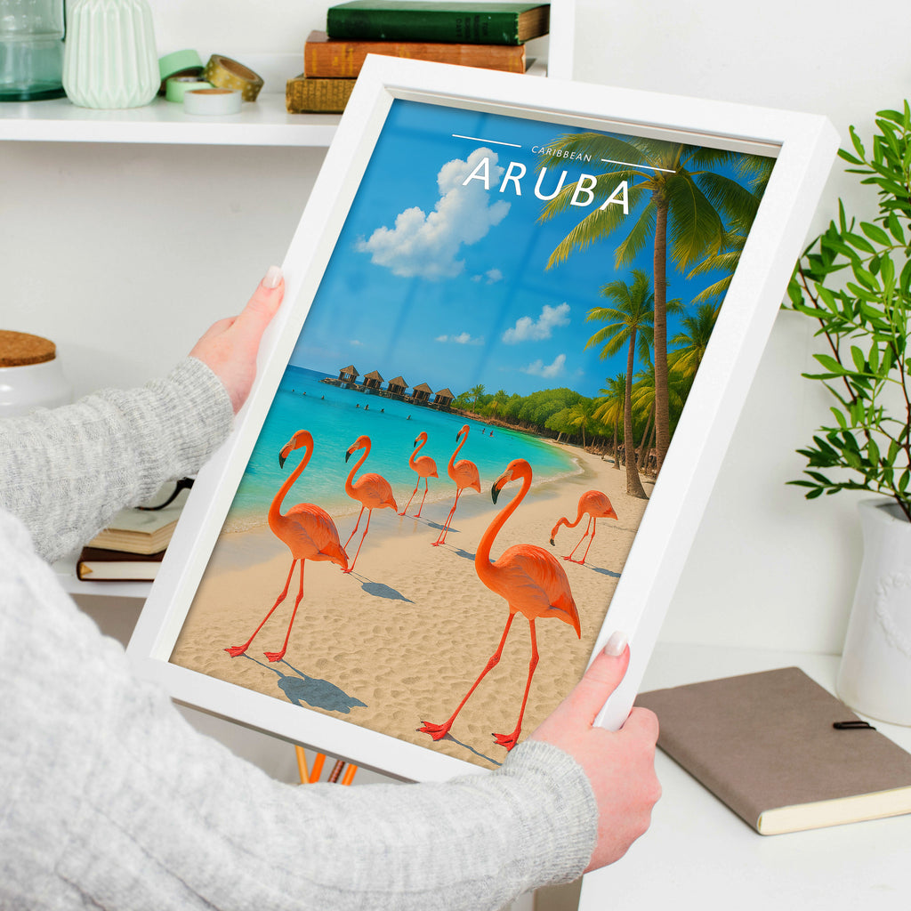 Aruba Travel Poster in a white frame, held to show scale