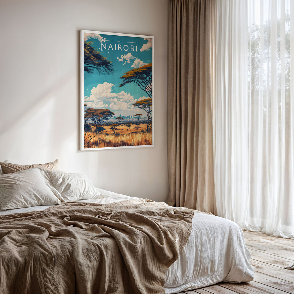 Nairobi Travel Poster framed on a bedroom wall