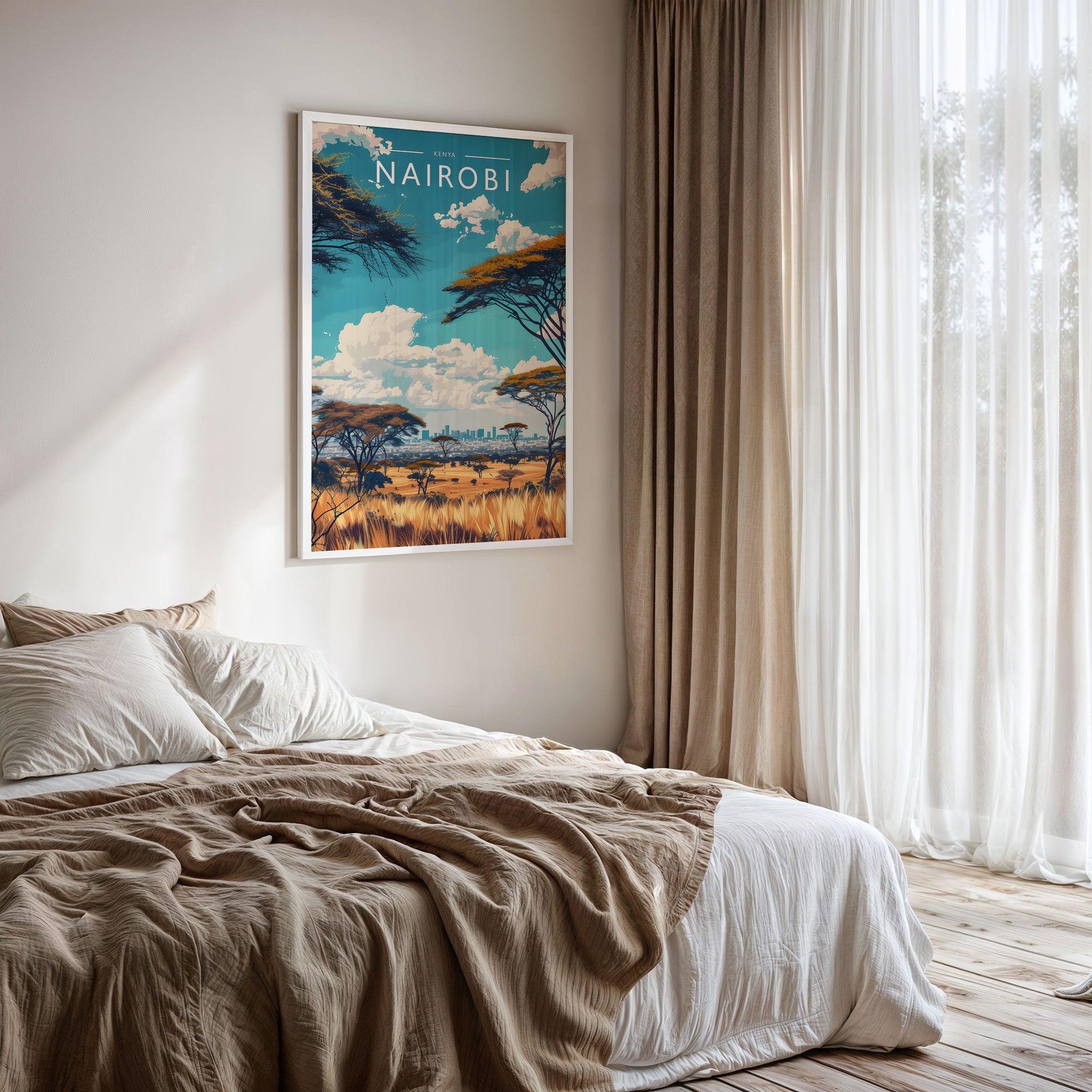 Nairobi Travel Poster framed on a bedroom wall