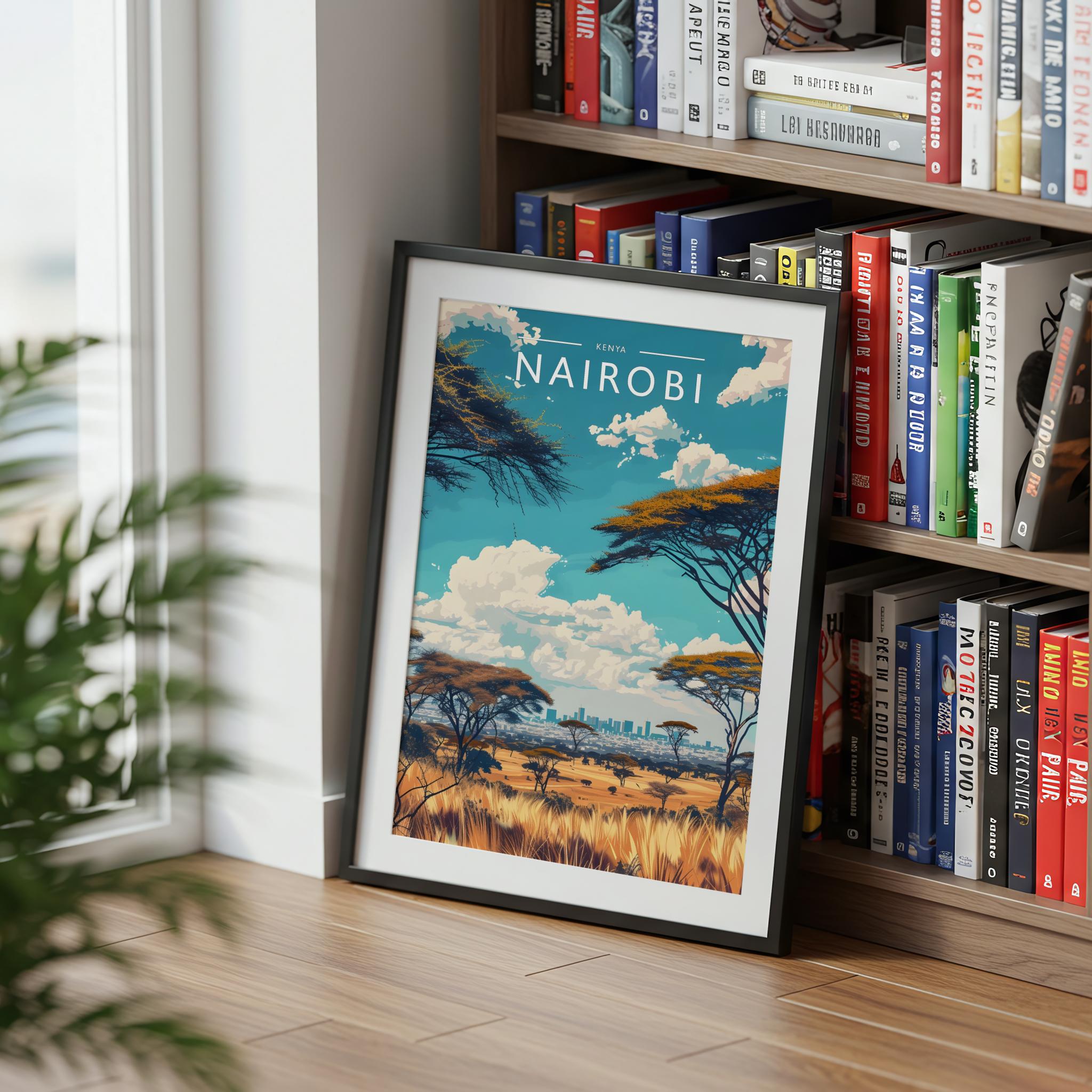 Nairobi Travel Poster mounted in a black frame