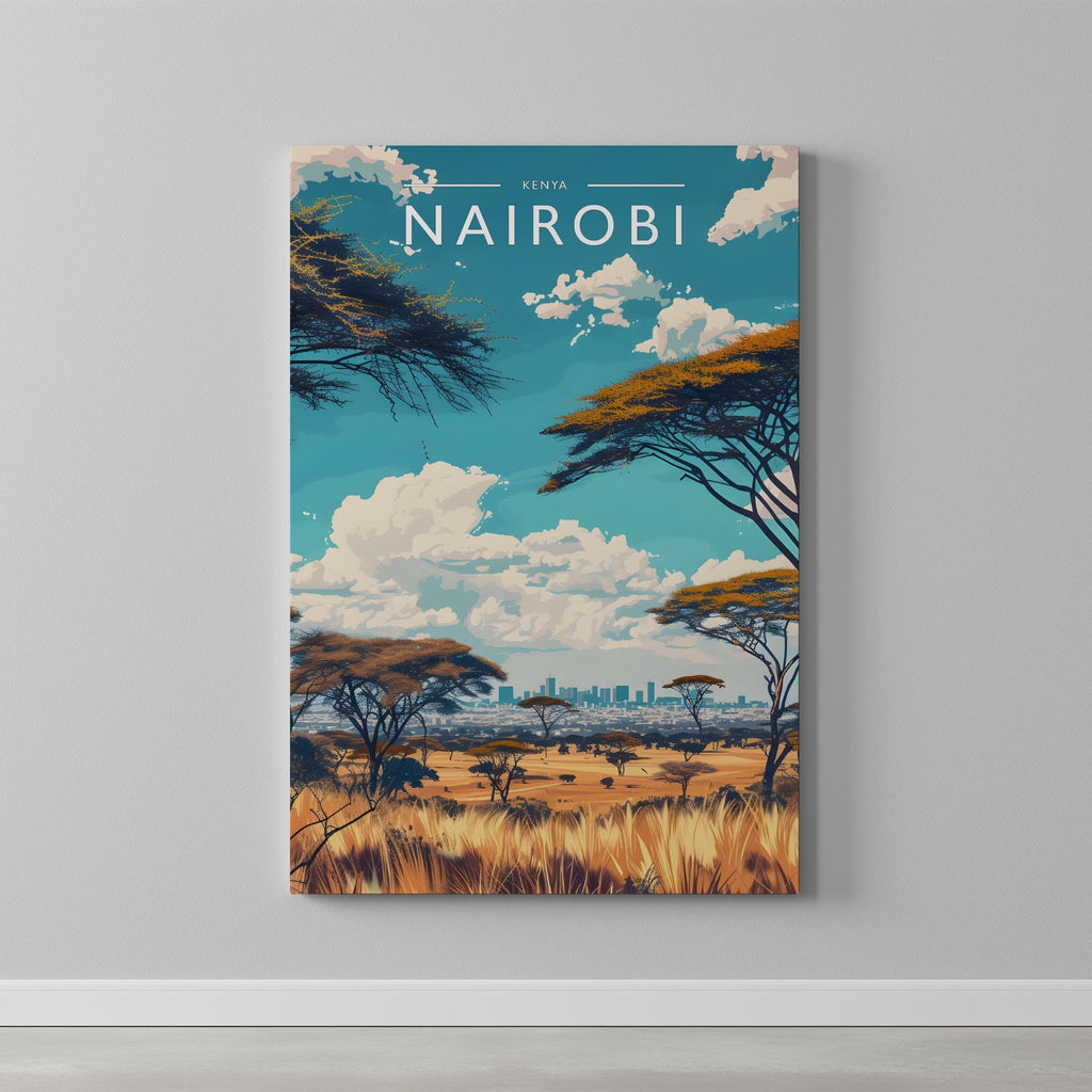 Nairobi Travel Poster as a gallery-wrapped canvas on a plain wall