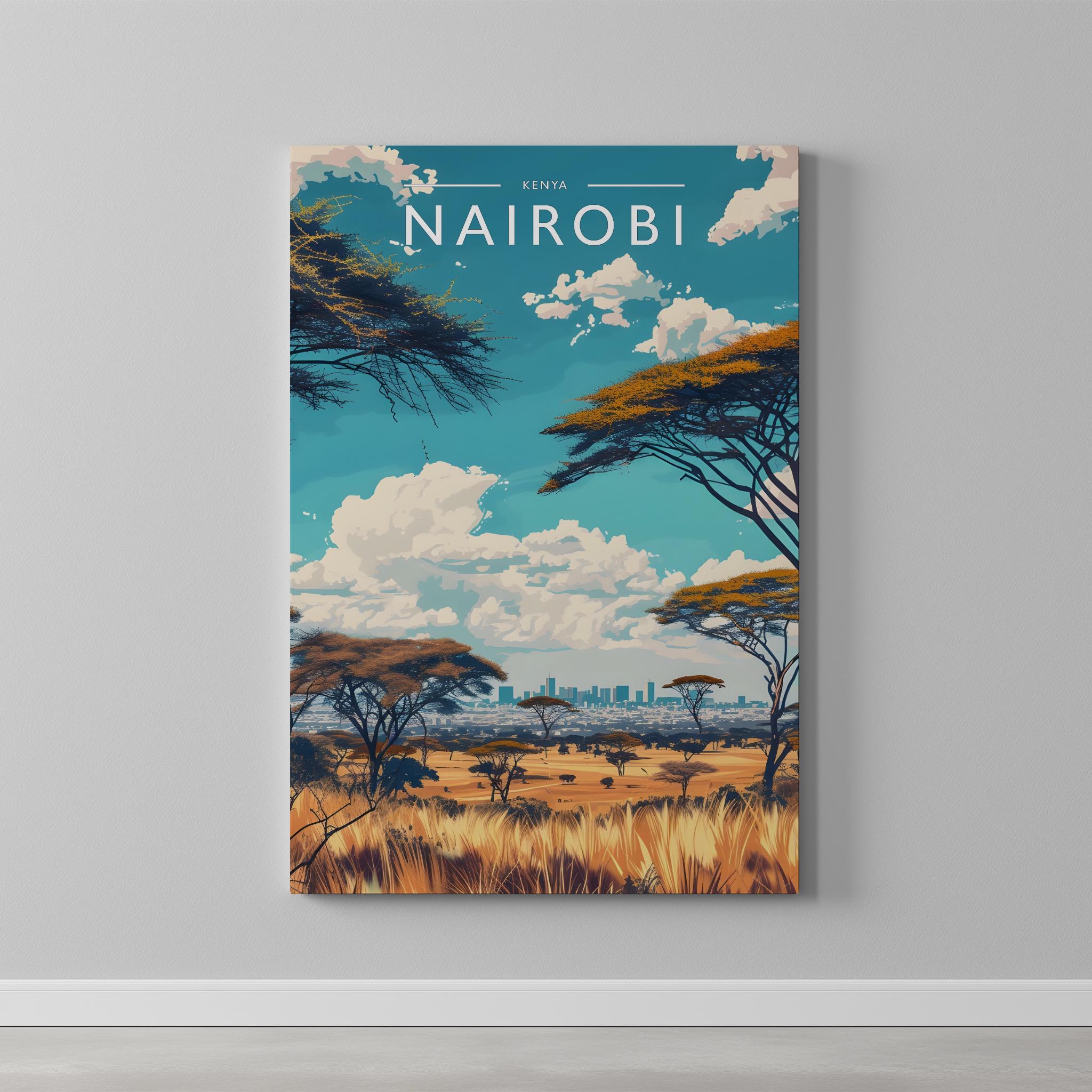 Nairobi Travel Poster as a gallery-wrapped canvas on a plain wall