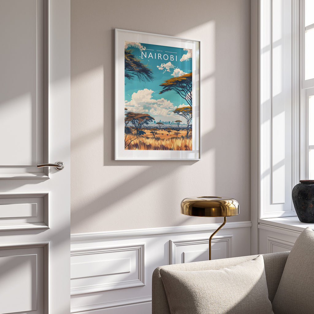 Nairobi Travel Poster in a white frame on a panelled wall