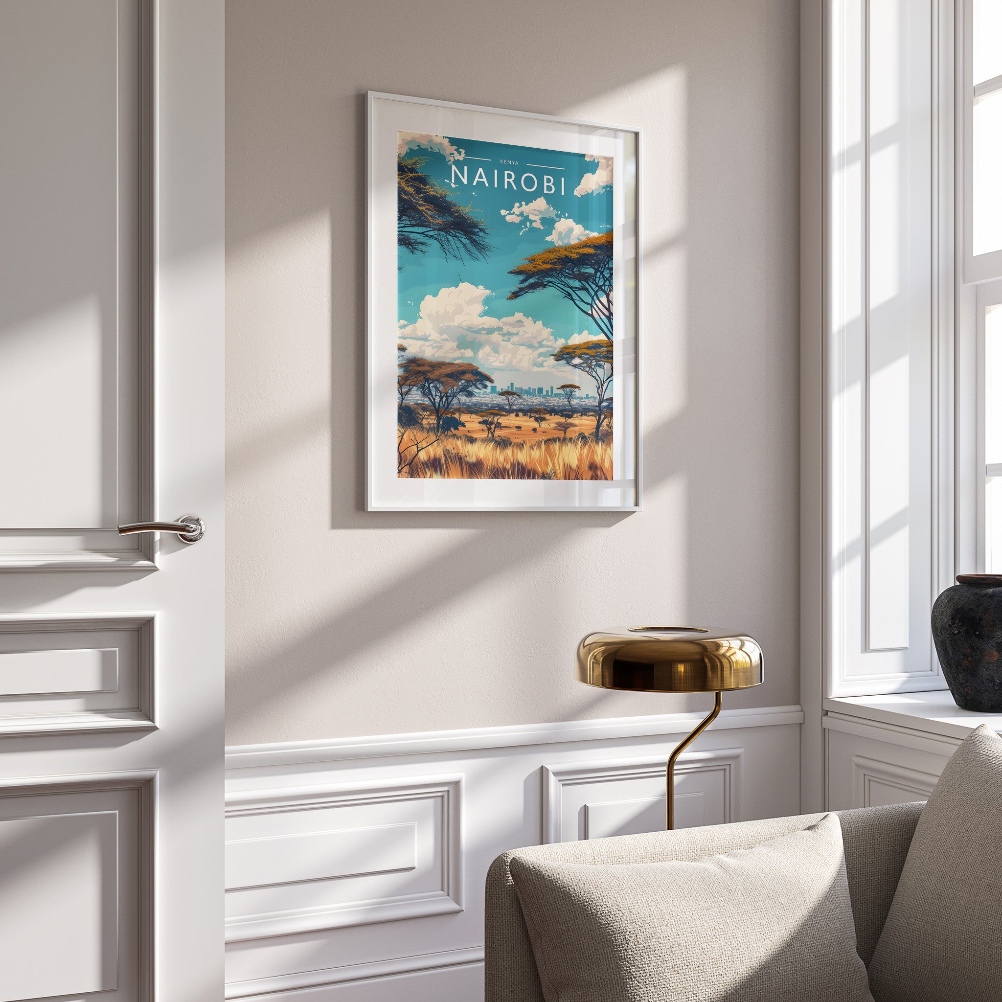 Nairobi Travel Poster in a white frame on a panelled wall
