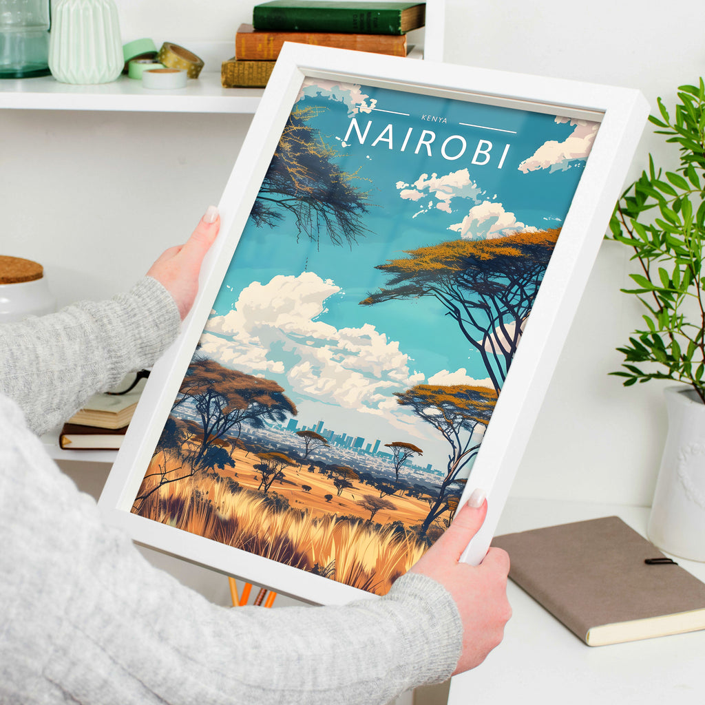 Nairobi Travel Poster in a white frame, held to show scale