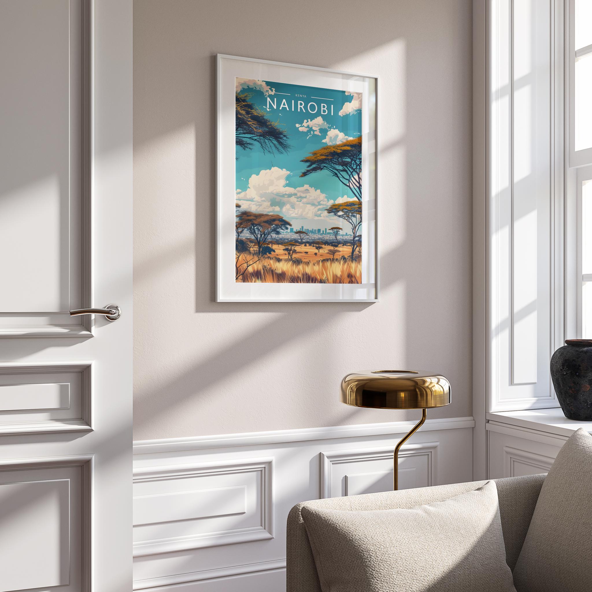 Nairobi Travel Poster mounted in a white frame
