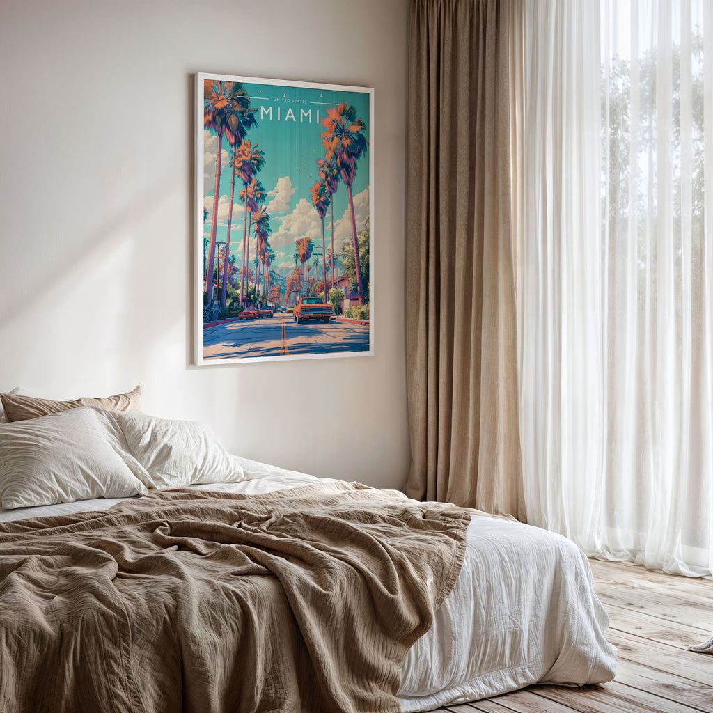 Miami Travel Poster framed on a bedroom wall