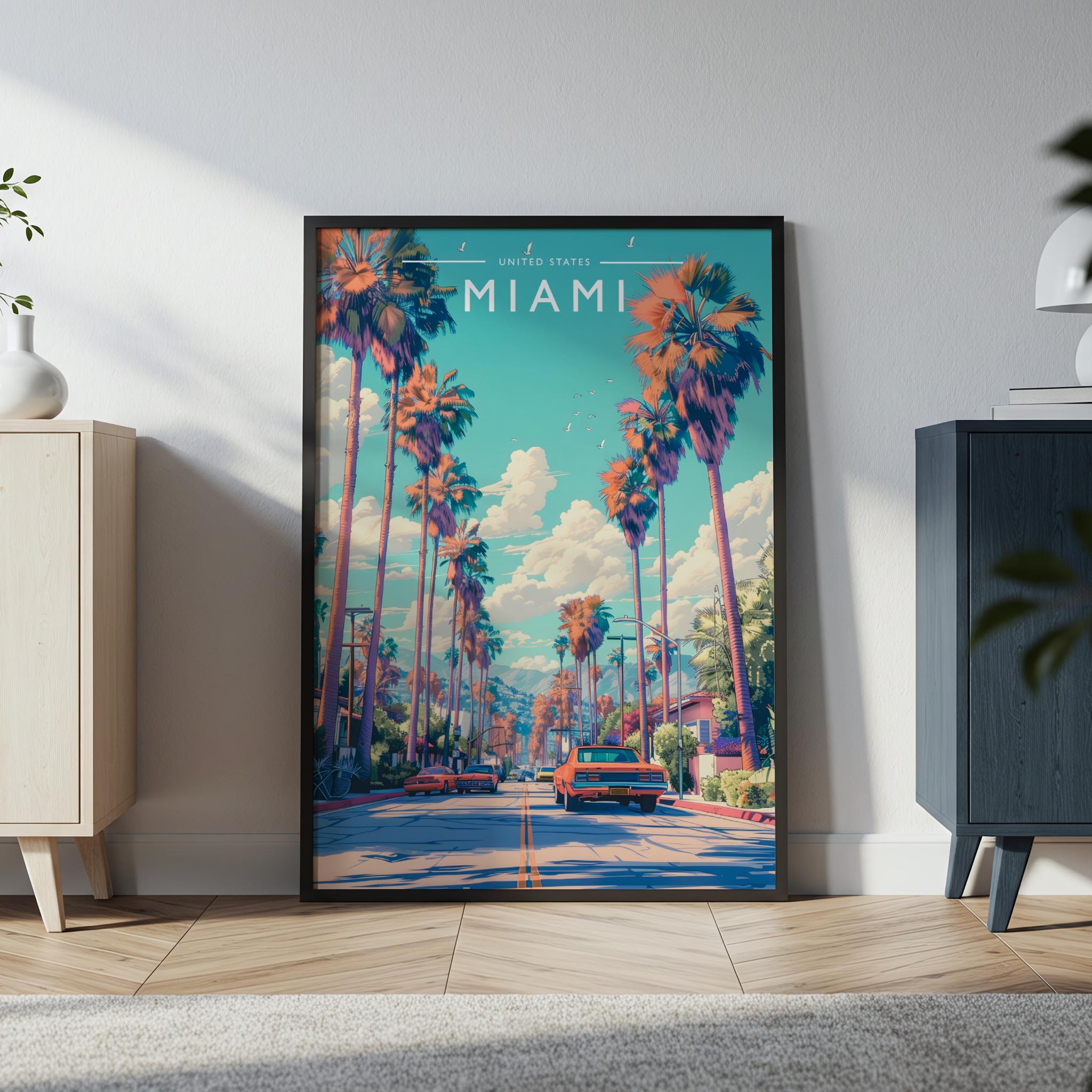 Miami Travel Poster in a black frame