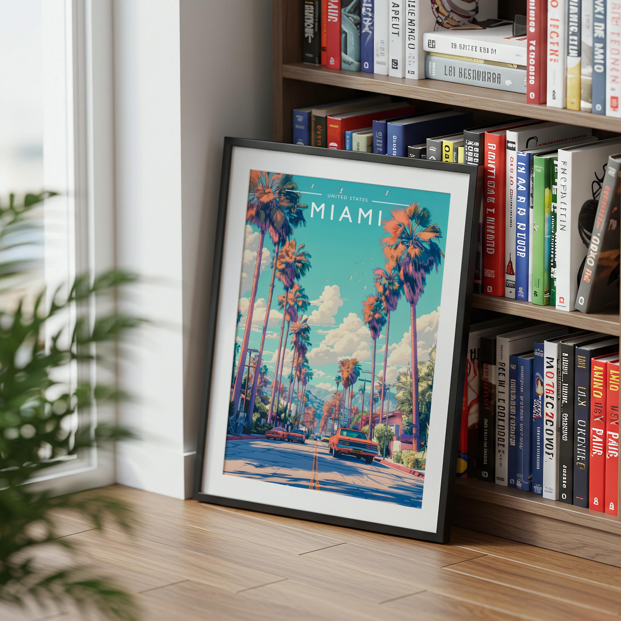 Miami Travel Poster mounted in a black frame