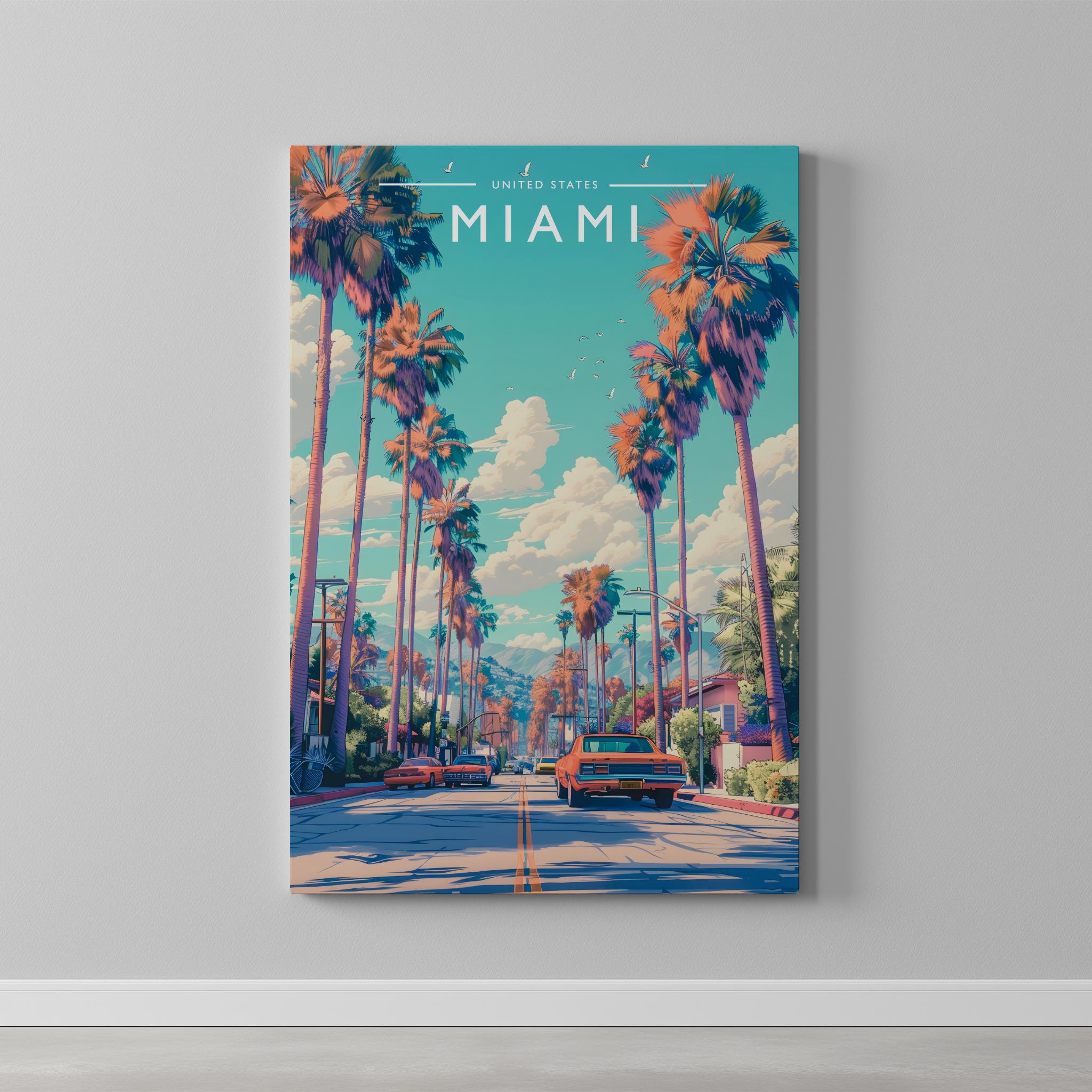 Miami Travel Poster as a gallery-wrapped canvas on a plain wall