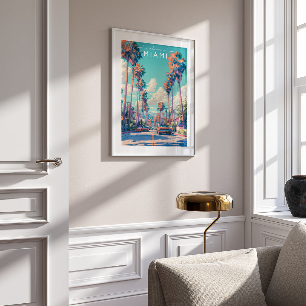 Miami Travel Poster in a white frame on a panelled wall