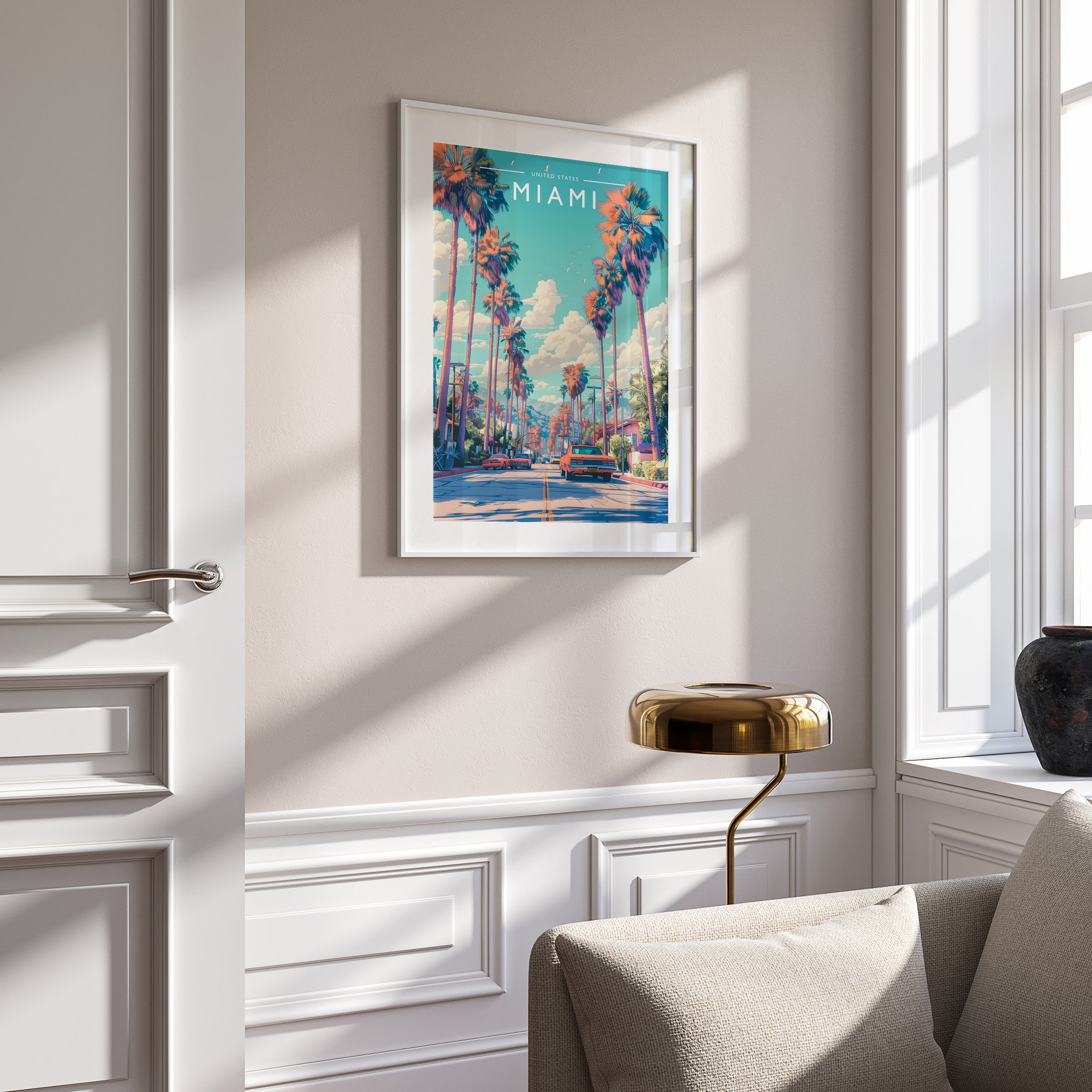 Miami Travel Poster in a white frame on a panelled wall
