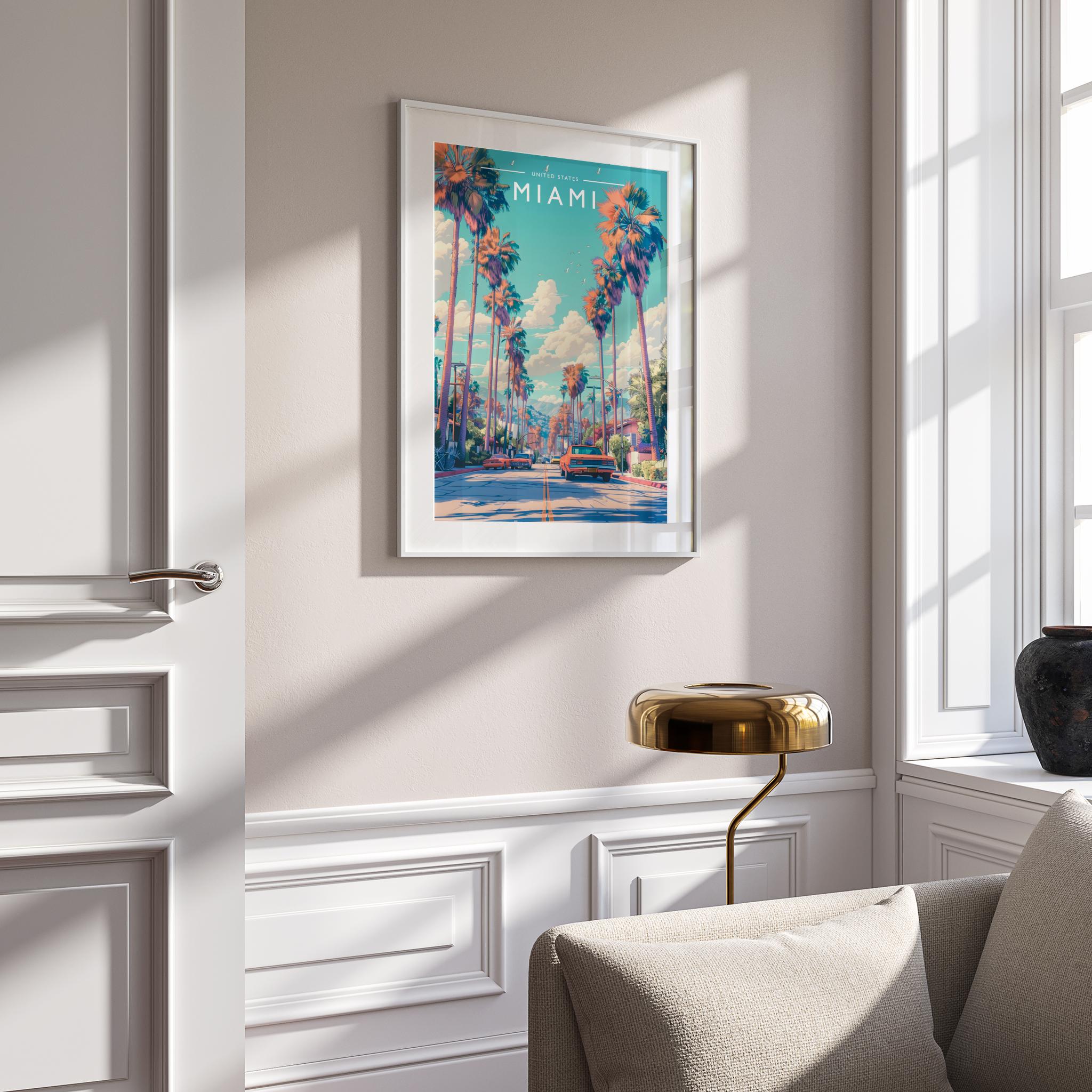 Miami Travel Poster mounted in a white frame