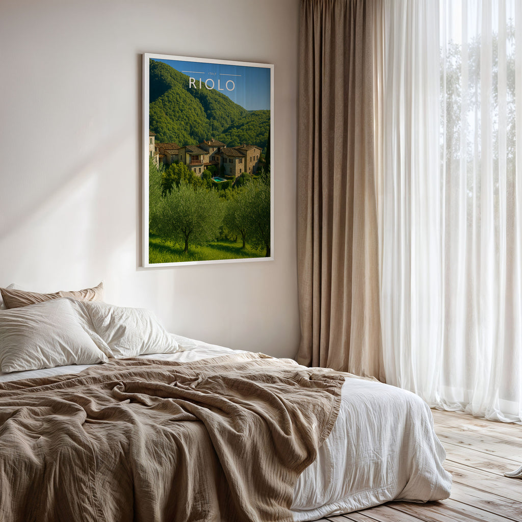 Riolo Travel Poster framed on a bedroom wall