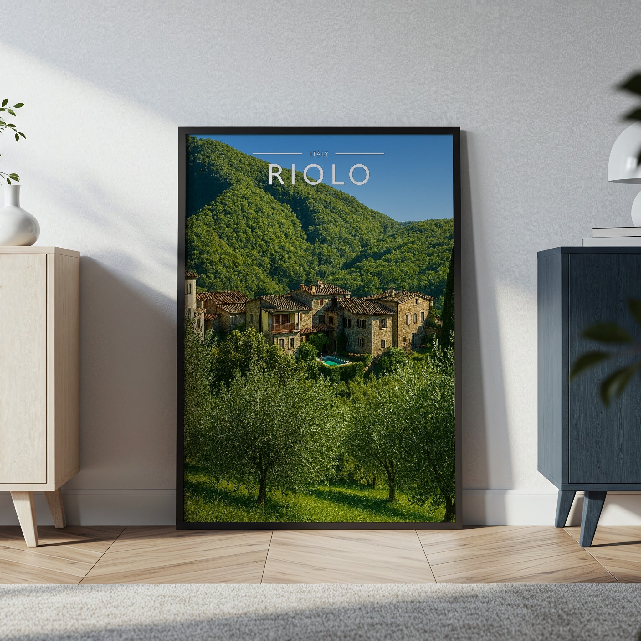 Riolo Travel Poster in a black frame