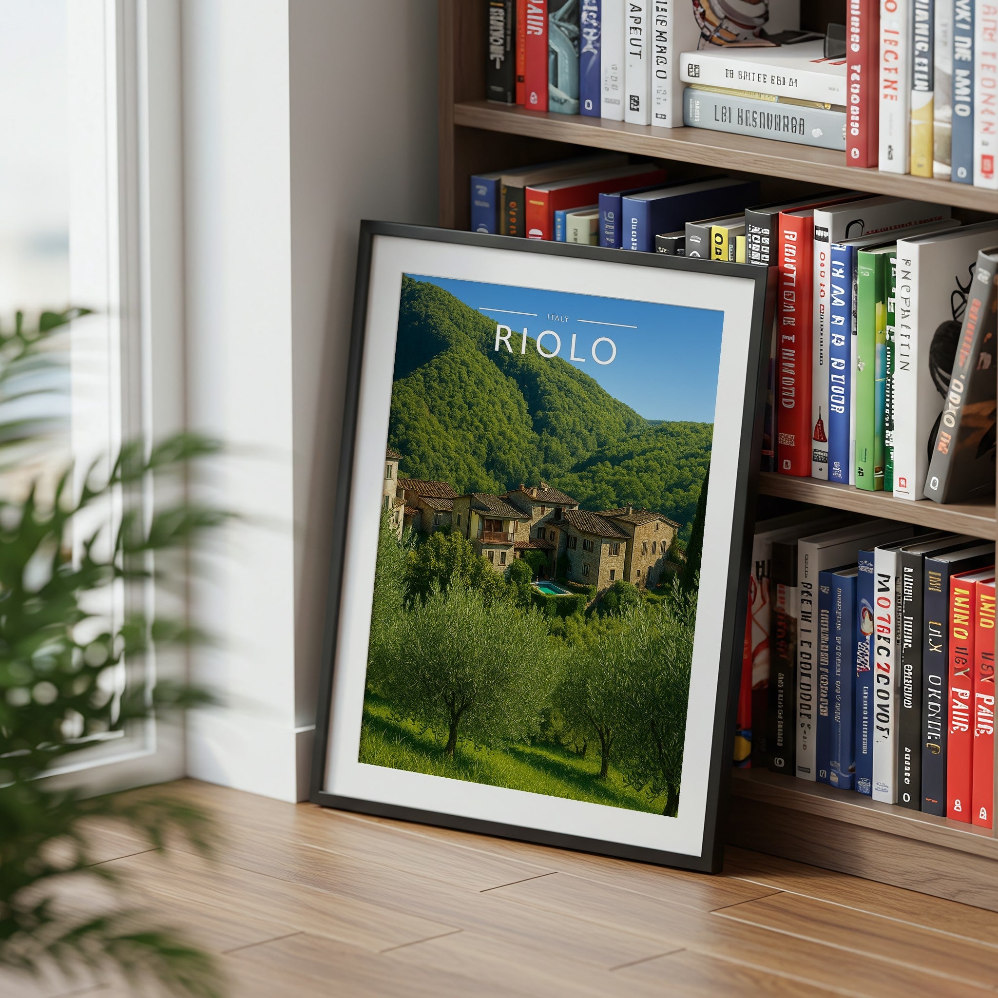 Riolo Travel Poster mounted in a black frame
