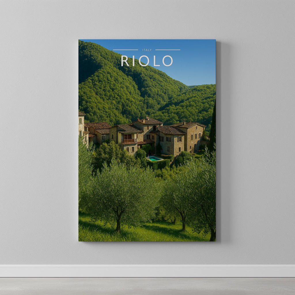 Riolo Travel Poster as a gallery-wrapped canvas on a plain wall