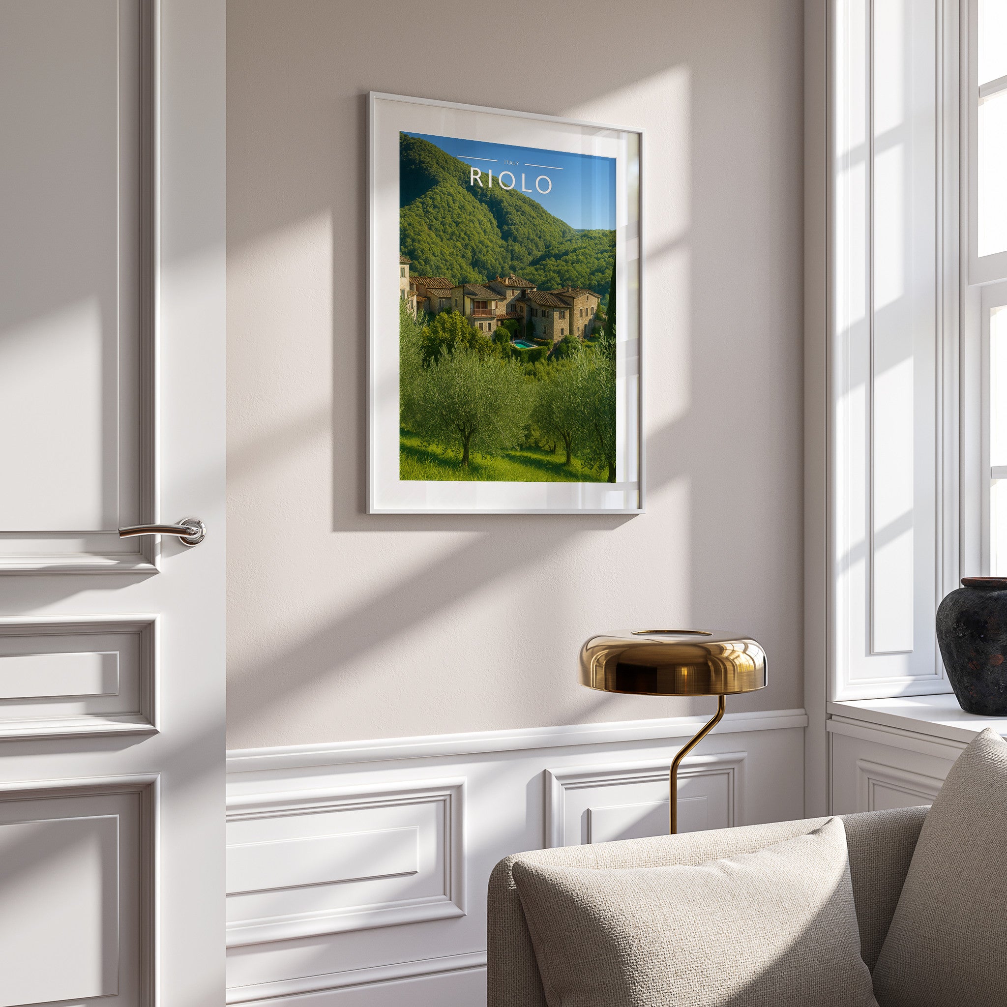 Riolo Travel Poster in a white frame on a panelled wall