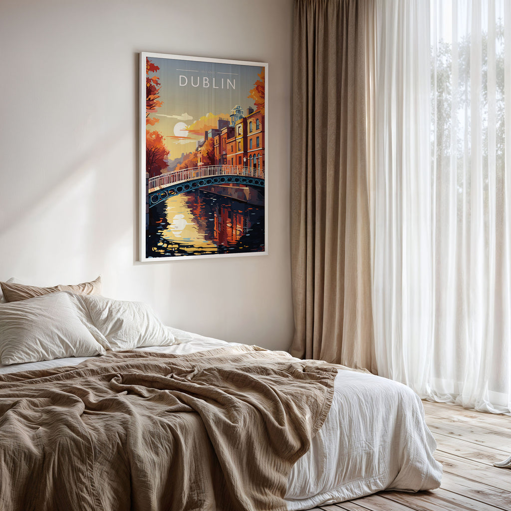 Dublin #3 Travel Poster framed on a bedroom wall